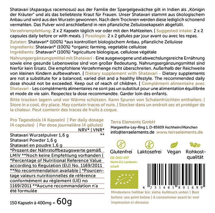 Terra Elements Bio Shatavari Kapseln (400 mg, 150 St) I Indischer Spargel I Pflanzliche Zellulose I 100% rein I Vegan I Rohkost