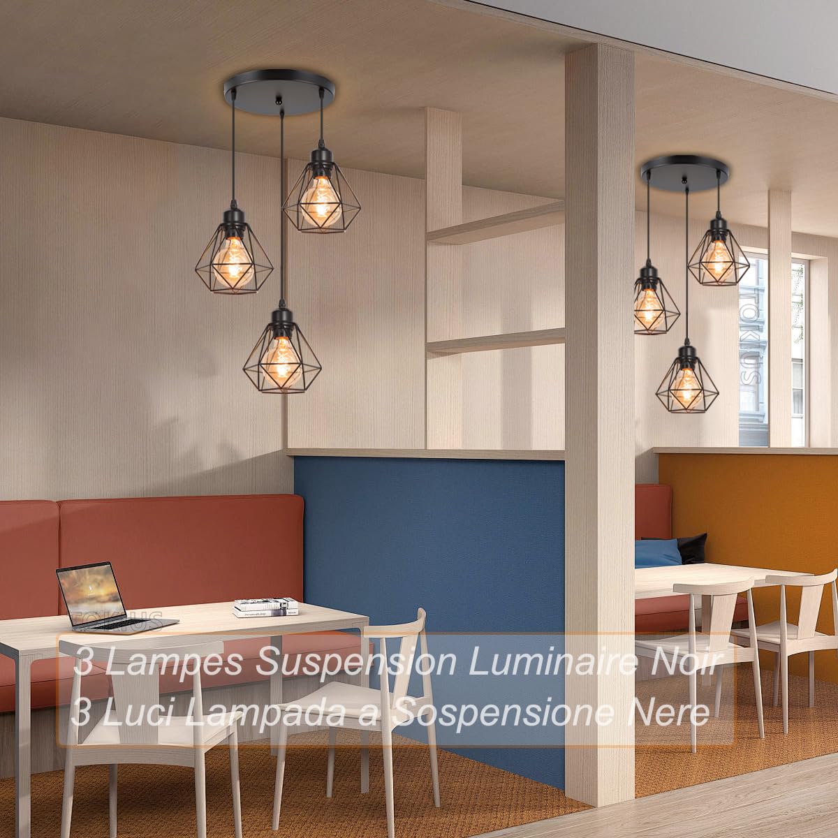 3 Luci Lampadario a Sospensione Industriale Lampadari E27 Nero 40W | Lampada da soffitto Gabbia Ferro Ø160mm Plafoniere Interni Per Cucina Camera da letto Sala Da Pranzo