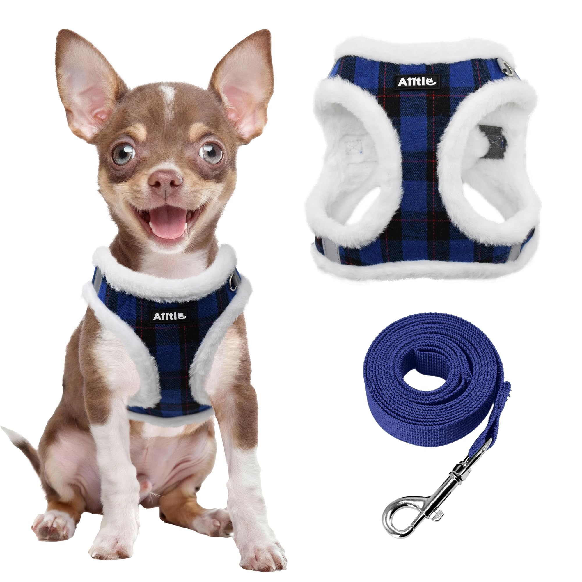 AIITLE Soft Dog Harness & Leash Set - Checkered Style, Reflective, Comfortable, Adjustable, Secure with Hook & Loop Fastener, No-Choke Design for Small Medium Dogs - Outdoor Adventures (Blue, S)