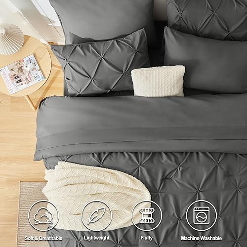 Miniatura 3 de CozyLux Juego de edredón Queen de 7 piezas, edredón tamaño Queen, color gris oscuro, ropa de cama con pliegues grises con edredón para todas las