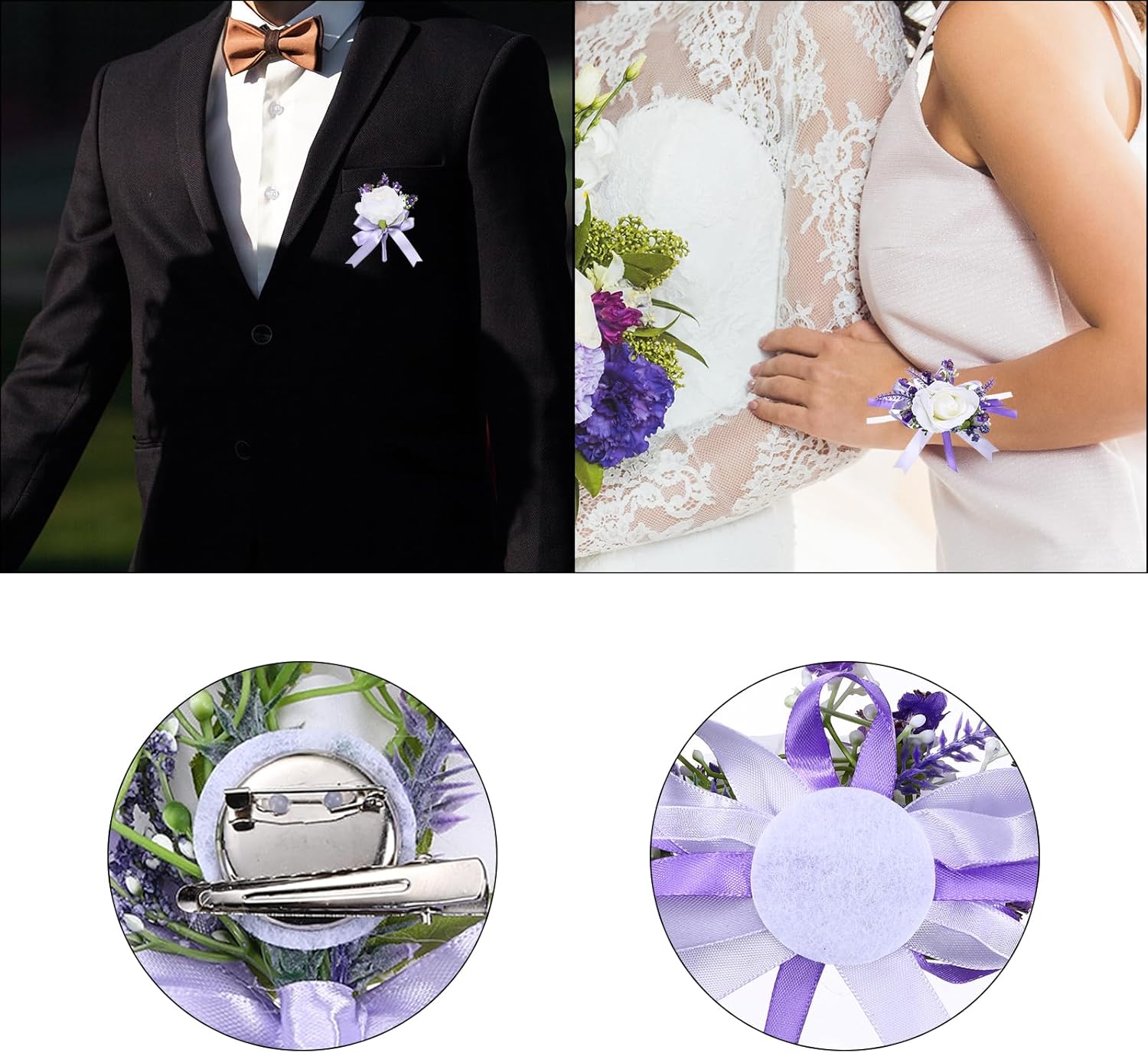 MECCANIXITY 2 Pack Artificial Rose Wrist Corsage and Boutonnieres Set, White and Purple Corsage Wristlet Bride Men Groom Boutonnieres Suit for Wedding Homecoming Party Prom Decorations