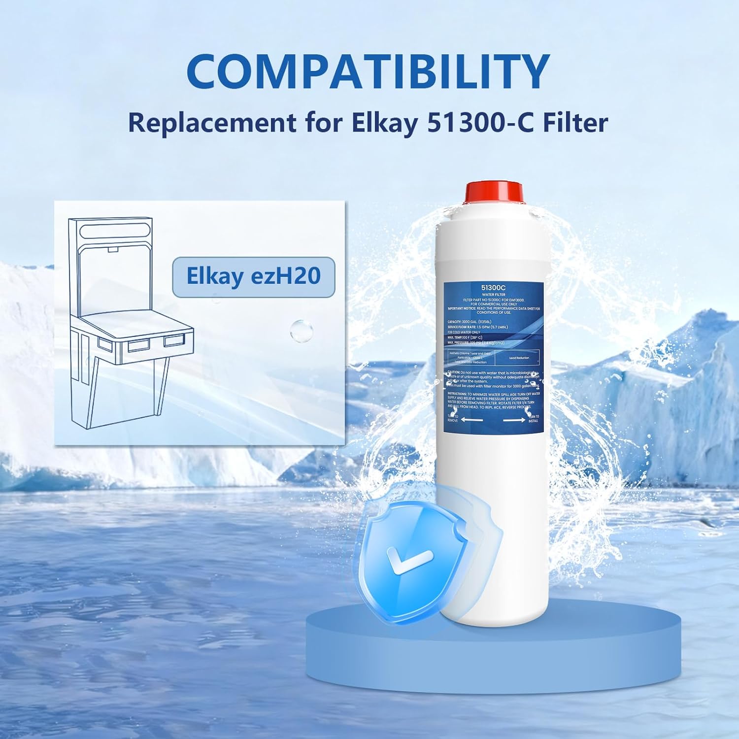 51300C, Replacement for Elkay® 51300C, Replacement 55898C Filters, Compatible with Elkay® ezH20® and Halsey Taylor® Bottle Filling Stations, Reduces Chlorine, Bad Taste & Odor, 3 Pack