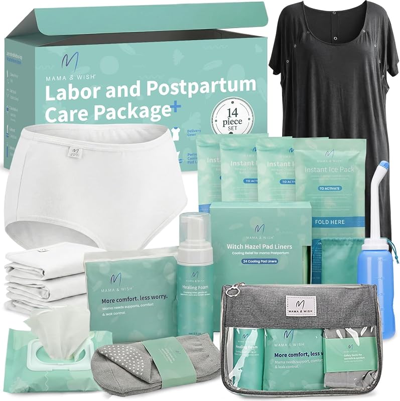 Mama & Wish Postpartum Essentials Kit, 14-Piece | Labor & Delivery Gown | Hospital Postpartum Essentials for Women After Birth, Labor & Delivery Gown, Peri Bottle, Witch Hazel Foam, Pad Liners & More