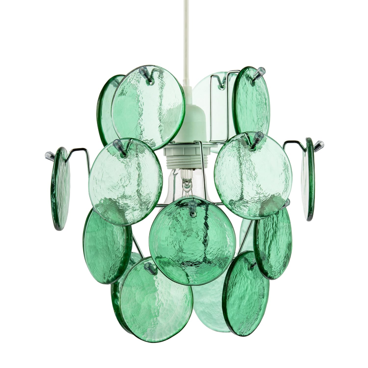 Modern Designer Ceiling Pendant Lighting Shade with Layered Emerald Green Glass Discs | 25cm x 25cm | Chrome Plated Metal Frame by Happy Homewares