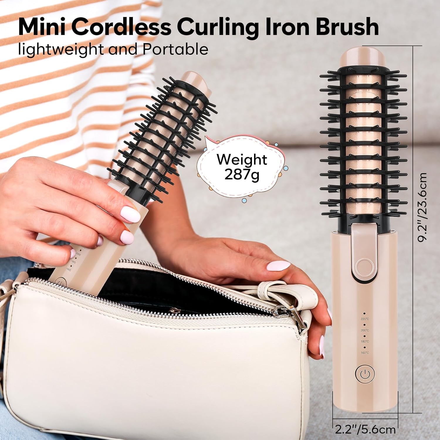 Cordless Curling Iron Brush, Mini Travel Hot Straightener Comb Curl Brush, Rechargeable 4 Temps Cordless Wand Blush with 200 Million Negative Ions for Curls Straightening Styling (Pink)