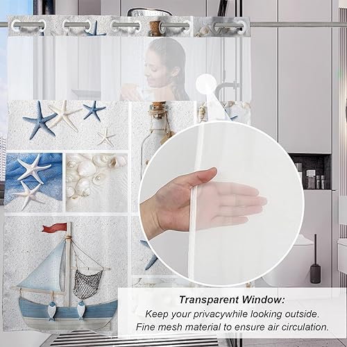 Vista 61 de Cortina de ducha de tortugas marinas, temática náutica de playa, verde y verde azulado, sin ganchos, punto gofre y forro desmontable, decoración