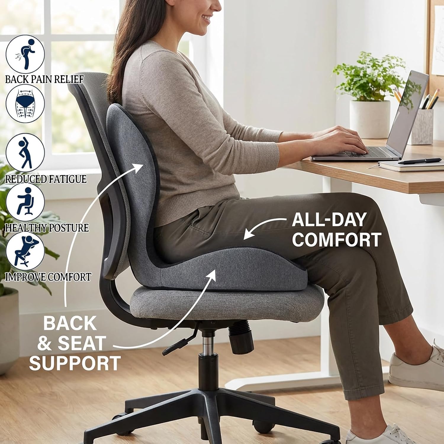 Ergonomic Memory Foam Seat Cushion, L-Shaped Back Support Pillow for Office Chair, Car Seat & Home, Pressure Relief Cushion for Driving & Long Sitting