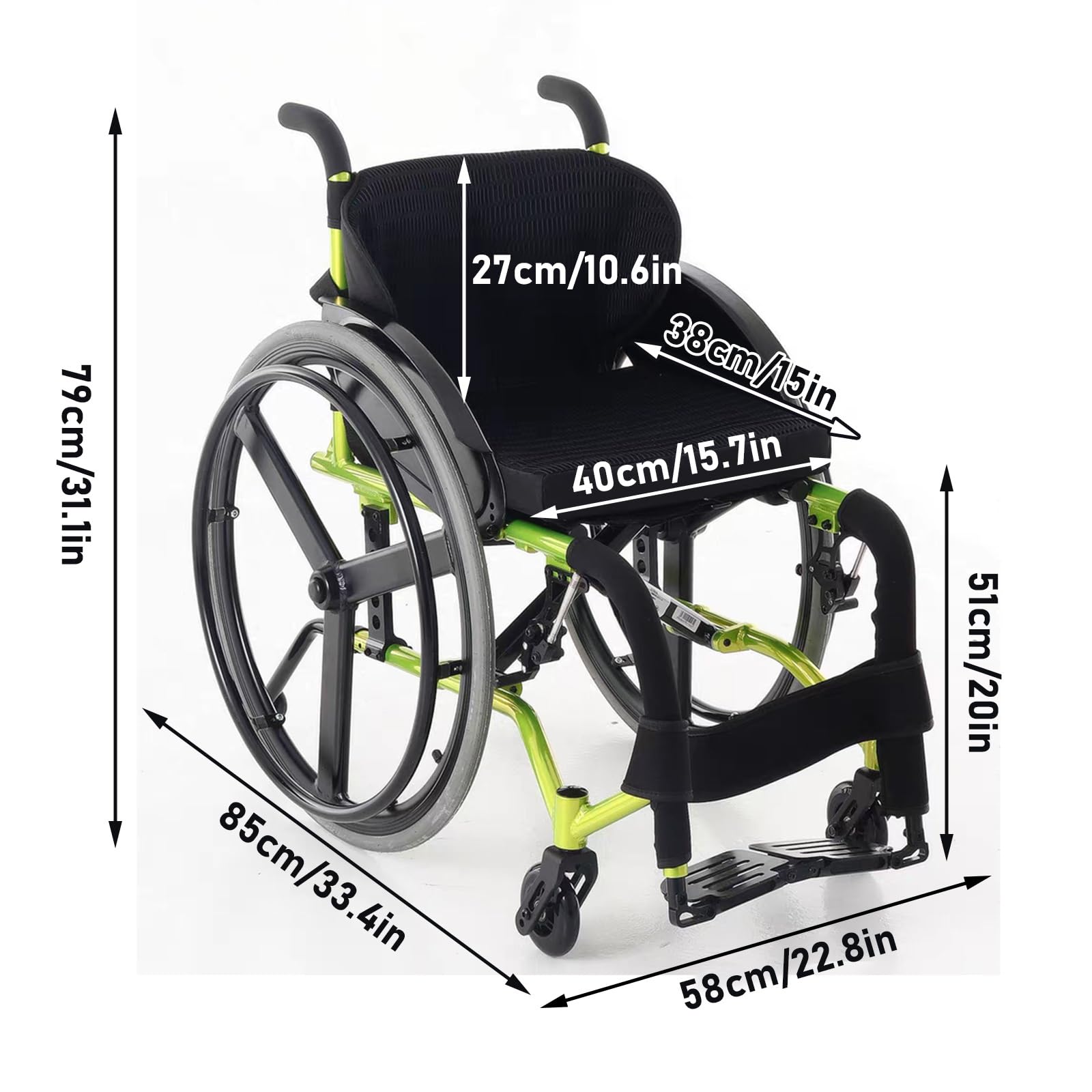 Silla de Ruedas Deportiva Manual Plegable,Ultraligera de Aleación de Aluminio, Extracción con un botón, Cojín grueso,Transporte Fácil,Cinturón seguridad,Altura regulable