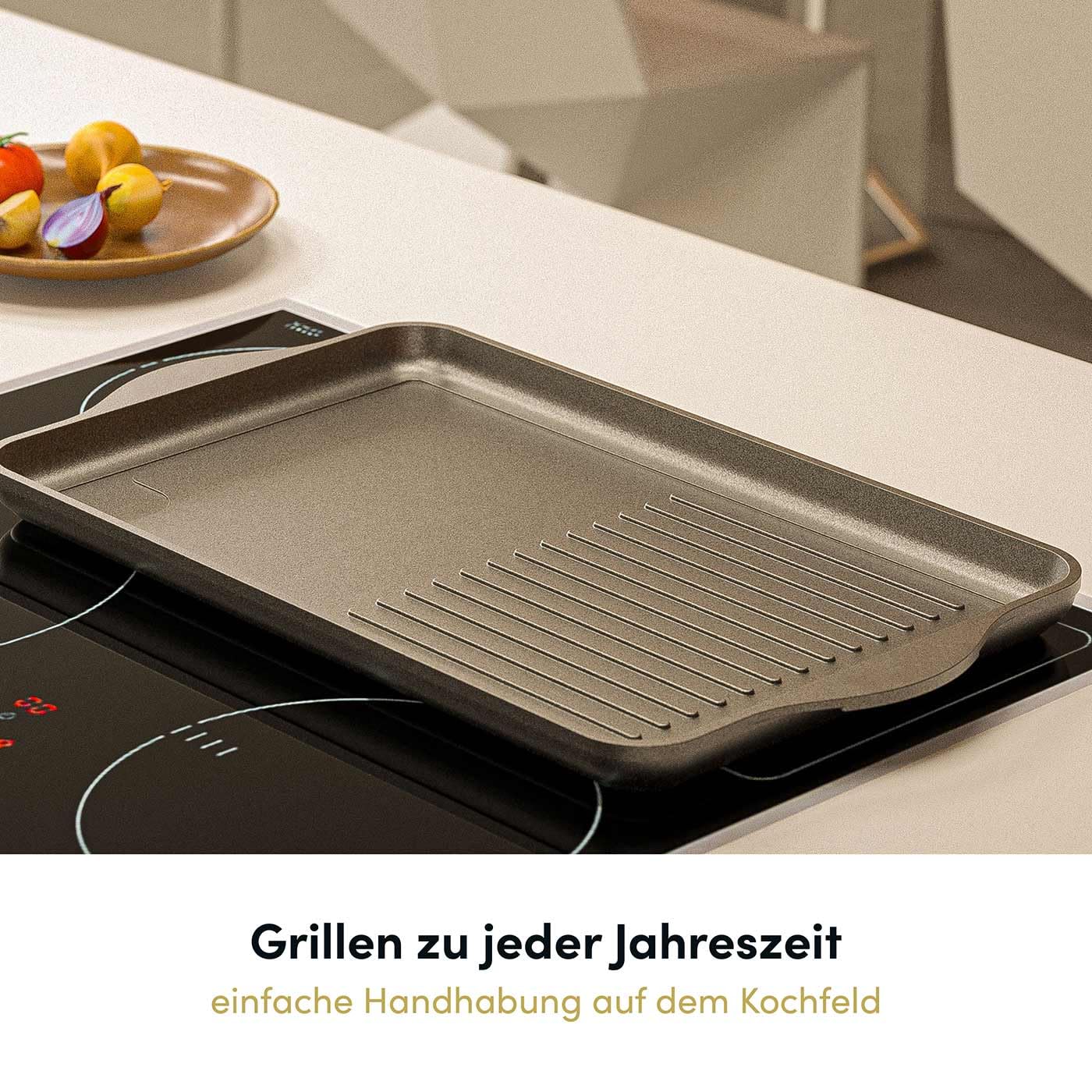 Große Aluguss Grillplatte Induktion 49x29 cm I Beschichtete Bratplatte Induktionskochfeld I Grill Grillaufsatz für Herdplatte I Herd Plancha antihaft I Induktionsfähige Grillpfanne I Steakpfanne