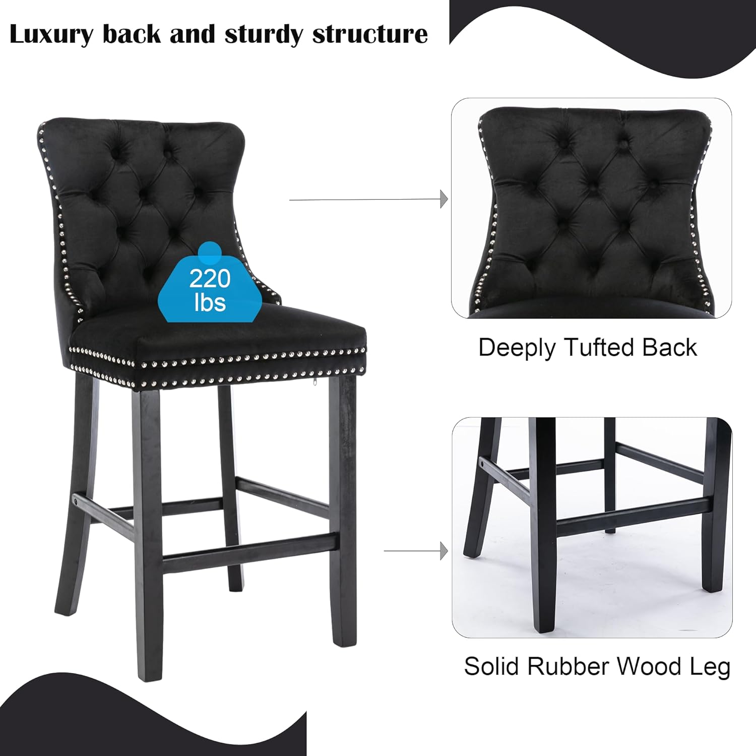 Rhomtree 27" Modern Velvet Upholstered Bar Stools with Wood Legs Button Tufted Chrome Nailhead Counter Height Bar Stools Seat Armless Bar Chairs for Kitchen Island or Home Pub (Black, Set of 4)