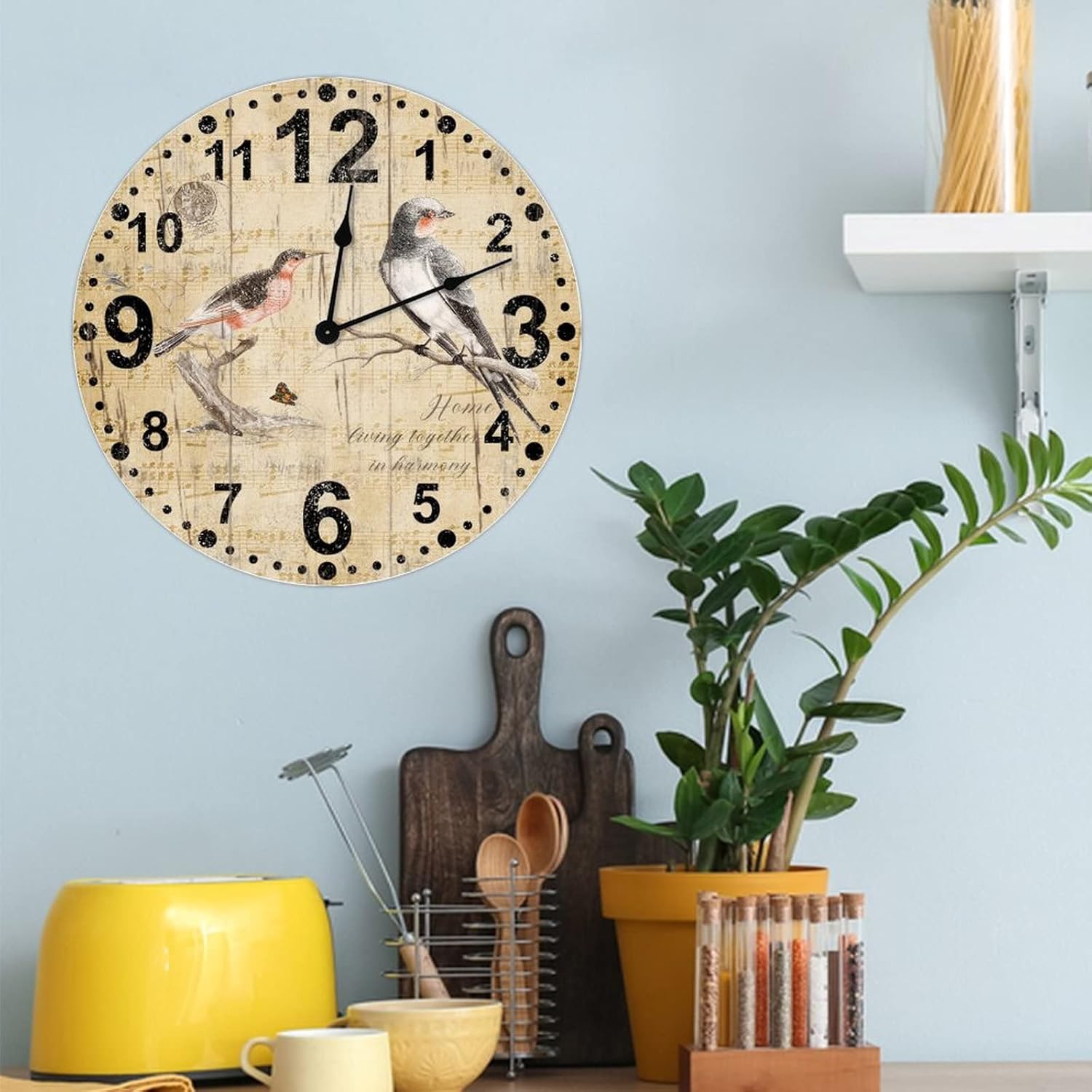 Non-Ticking Arabic Numerals Wall Clock 15 Inch Vintage Round Battery Operated Singing Bird Lovely Animal Cartoon for Home Kitchen Farmhouse Birthday