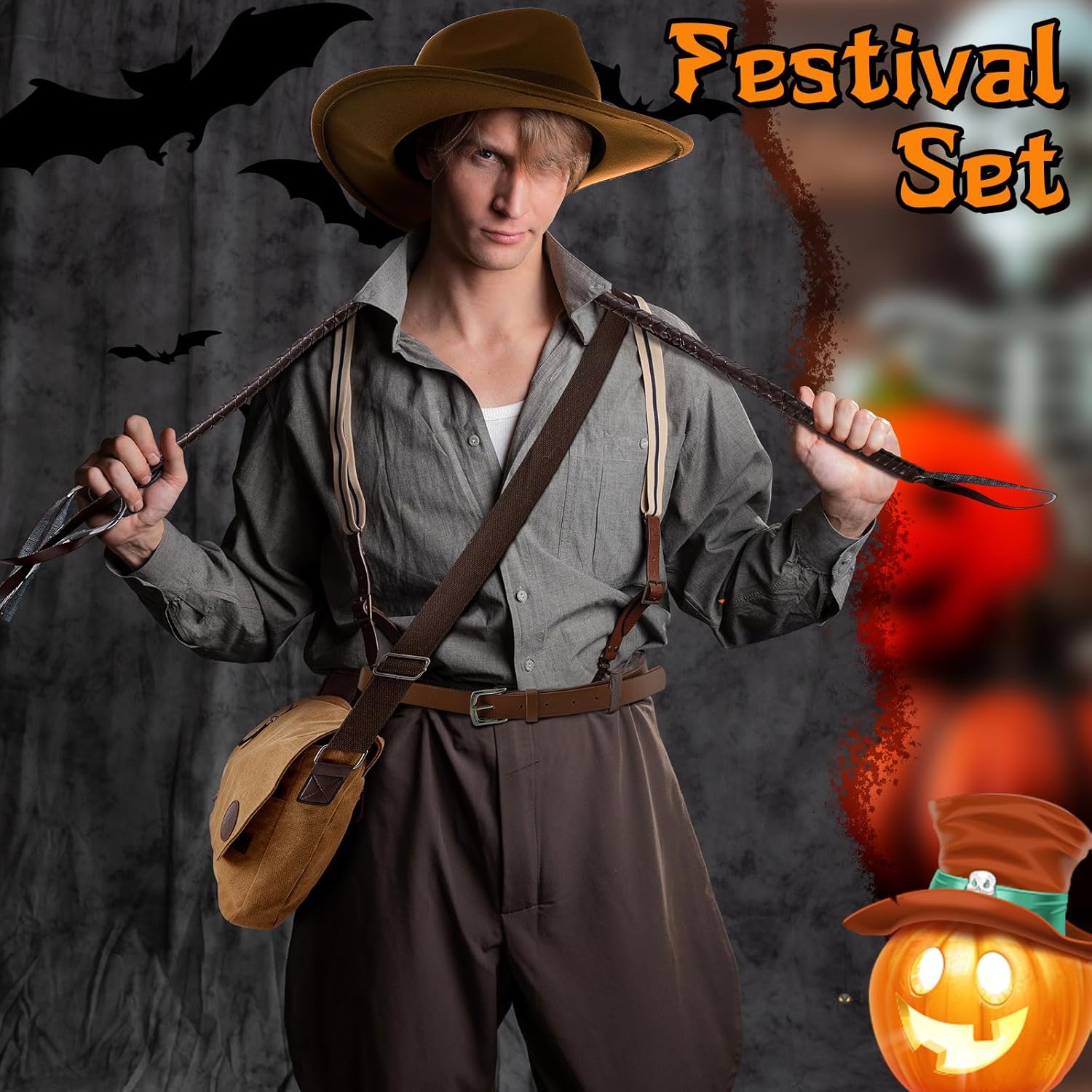 4 Pcs Halloween Costume Adult, Canvas Bag, Straw Cowboy Hat, Brown Faux Leather Whip Adventure Cosplay Outfit(Adult Size)
