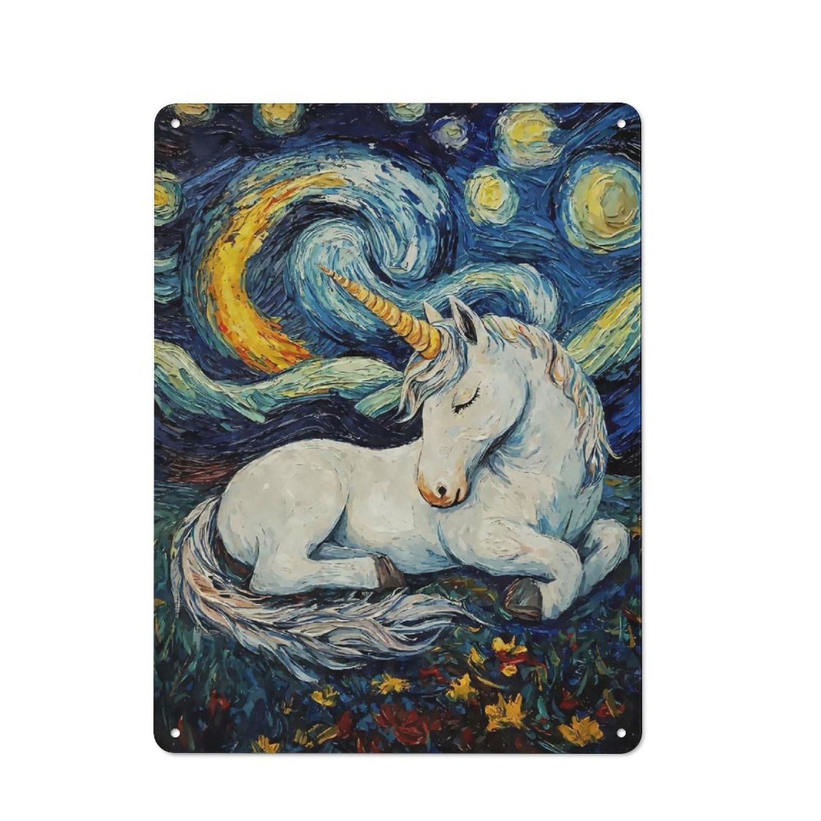 Tin Sign 40x30cm with Unicorn Sleeping Starry Night for Workshop Wall, Retro Decor, for Metal Sign Collectors, for Cafés, Pubs And Restaurants