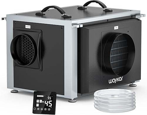 Waykar Deshumidificador de espacio de arrastre de 125 pintas con control remoto y bomba, deshumidificador comercial de doble conducto HVAC para toda