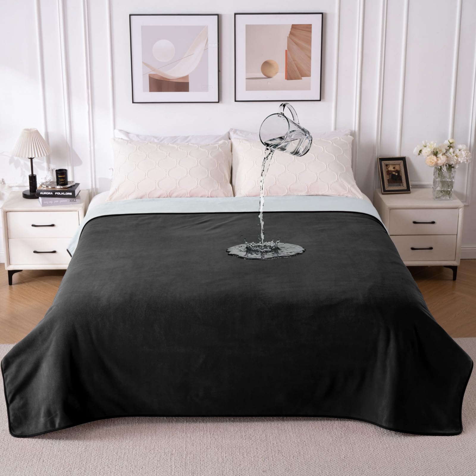 QIYI Waterproof Blanket for Bed, Large Washable Reversible Bed Cover, Leakproof Spill-Proof Furniture & Mattress Protector for Pets Dogs Cats, 203x229cm, Black/Light Grey