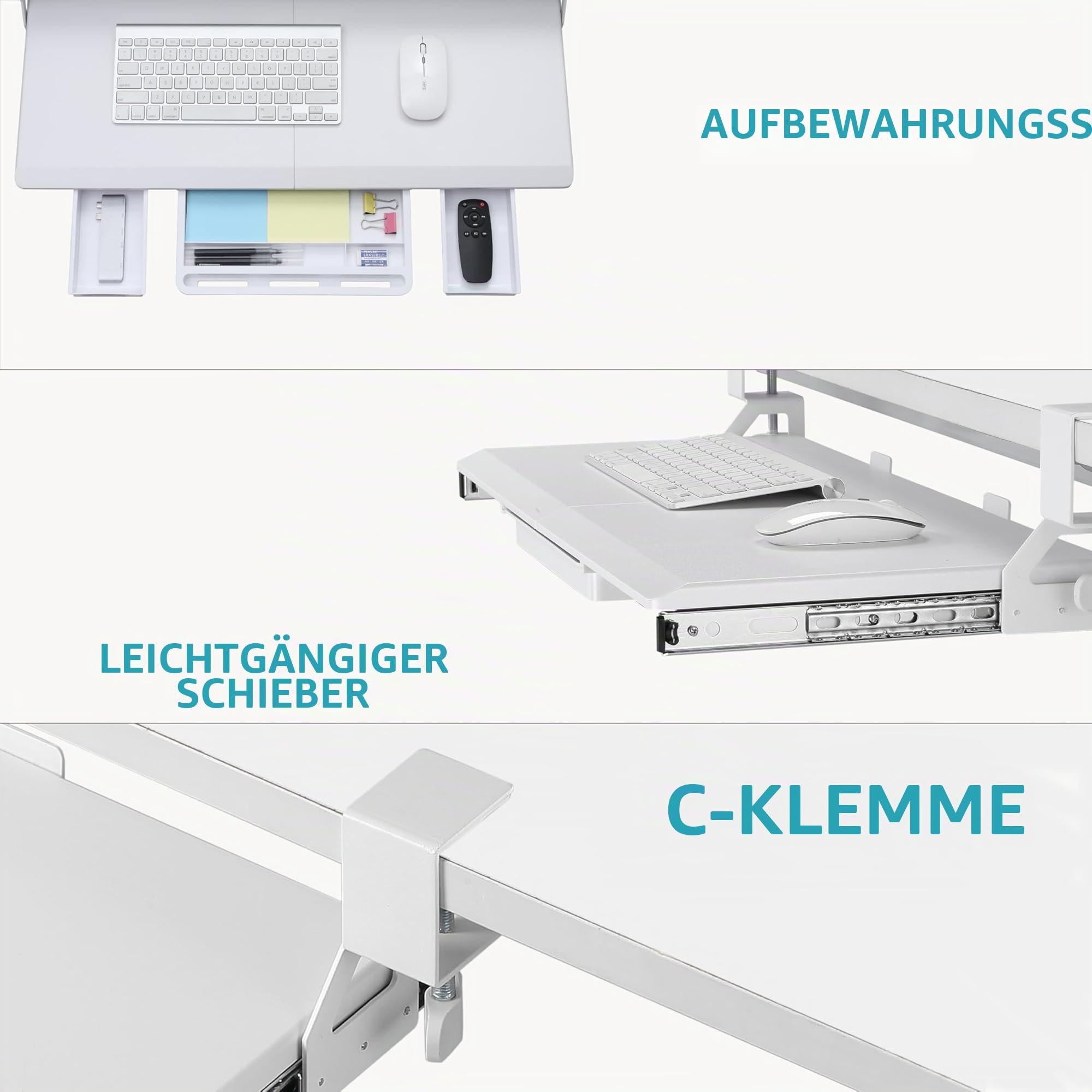 ETHU Tastaturablage unter dem Schreibtisch 680 x 300 mm, Ausziehbare Tastaturablage mit 180° Verstellbarer C-Klemme für L-förmigen Schreibtisch, Computer-Tastaturständer für Zuhause und Büro, Weiß
