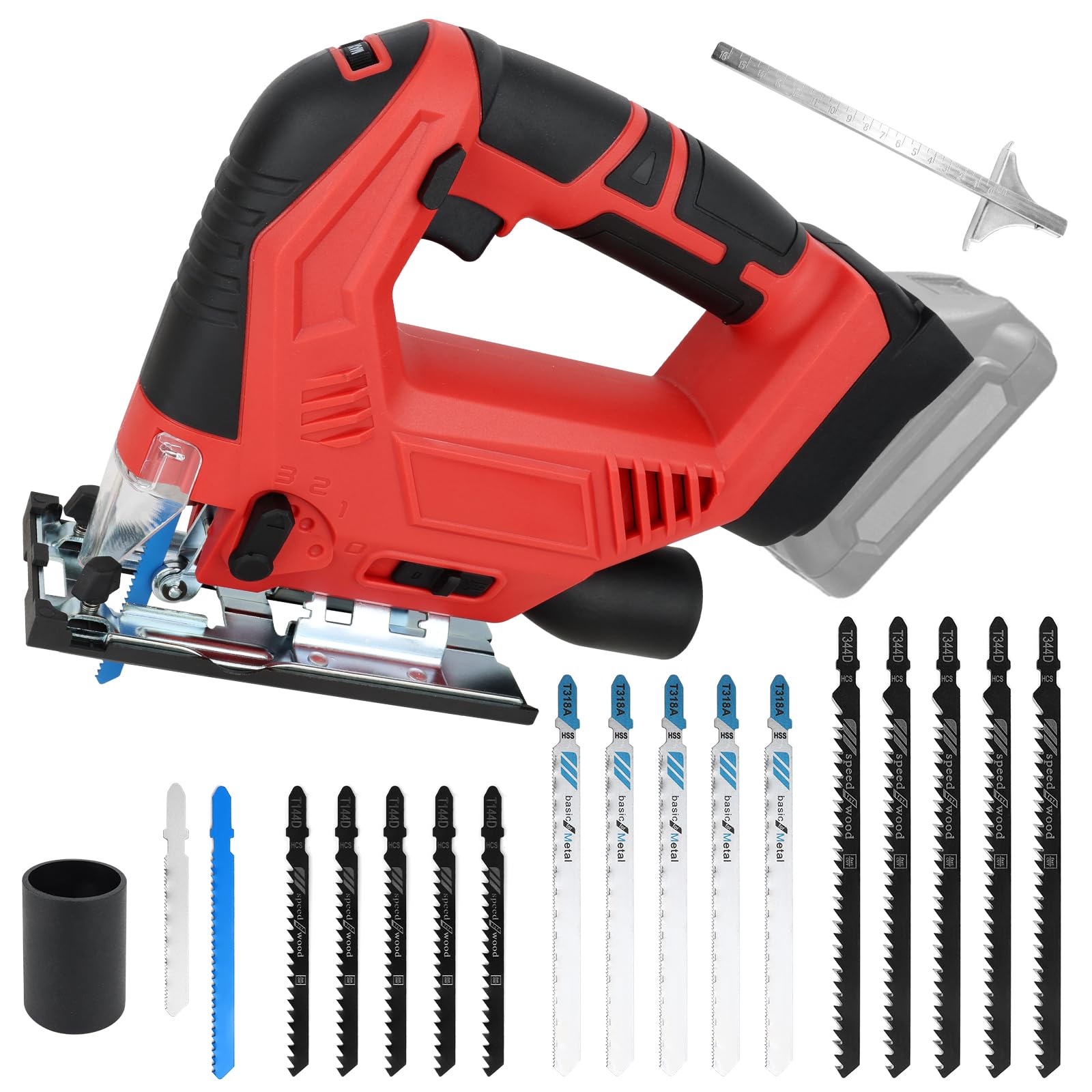 Scie Sauteuse Sans Fil 20V, Scie Sauteuse Électrique 300W, Vitesse Variable 0-2700 tr/min et Biseau 0-45°, Réglage à 4 Vitesses, Compatible avec Milwaukee, avec 15 Lames (Batterie Non Incluse)