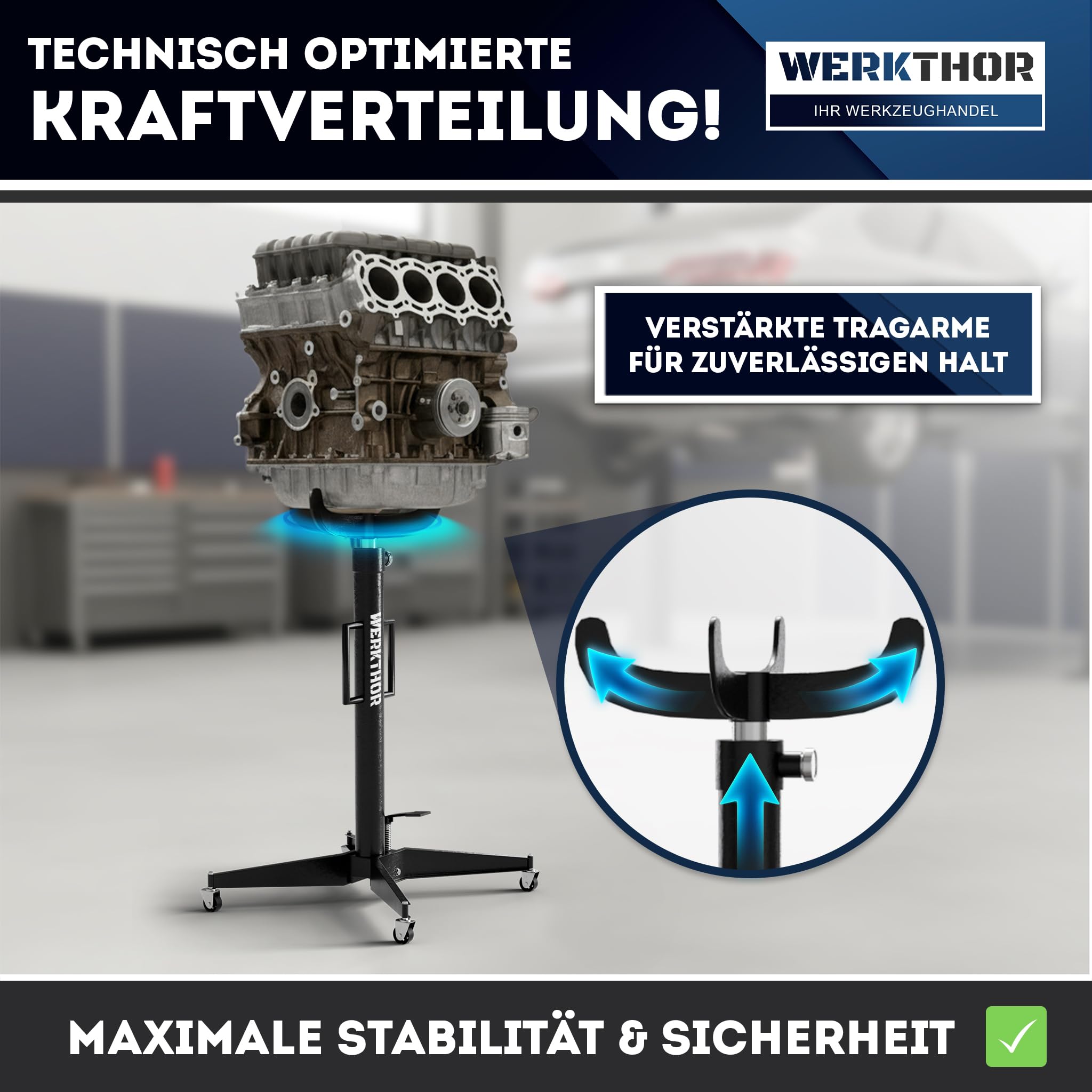 WERKTHOR Getriebeheber 500kg hydraulisch & verstellbar 105-185 cm – Motorheber Faulenzer für Werkstatt – Getriebeheber kfz rollbar mit 4 Lenkrollen & Fußpedal – Auto Heber Schwarz