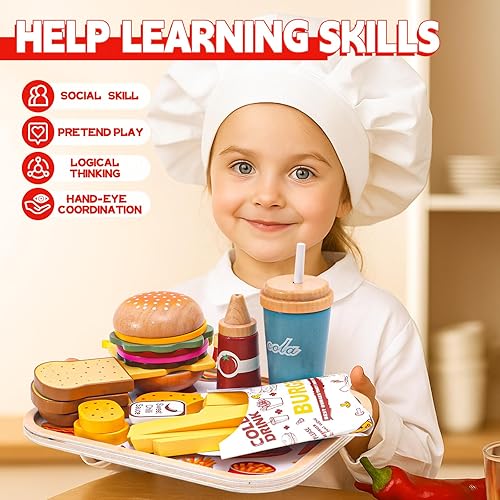 Miniatura 5 de Juego de comida rápida de madera para niños, juguetes realistas de hamburguesas, juguete apilable de sándwich, comida educativa de madera para