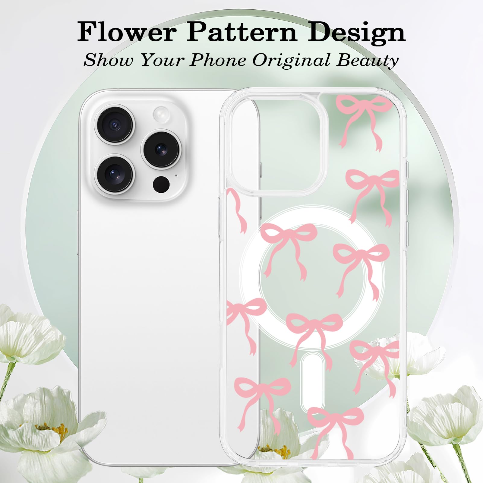 Tcaraersing Floral Case For IPhone 16 Pro, Built-in Magnets, Compatible With MagSafe, Lavender Flower Pattern Liquid Silicone Cover For Girls Women Slim Soft Rubber Magnetic Case, Grey