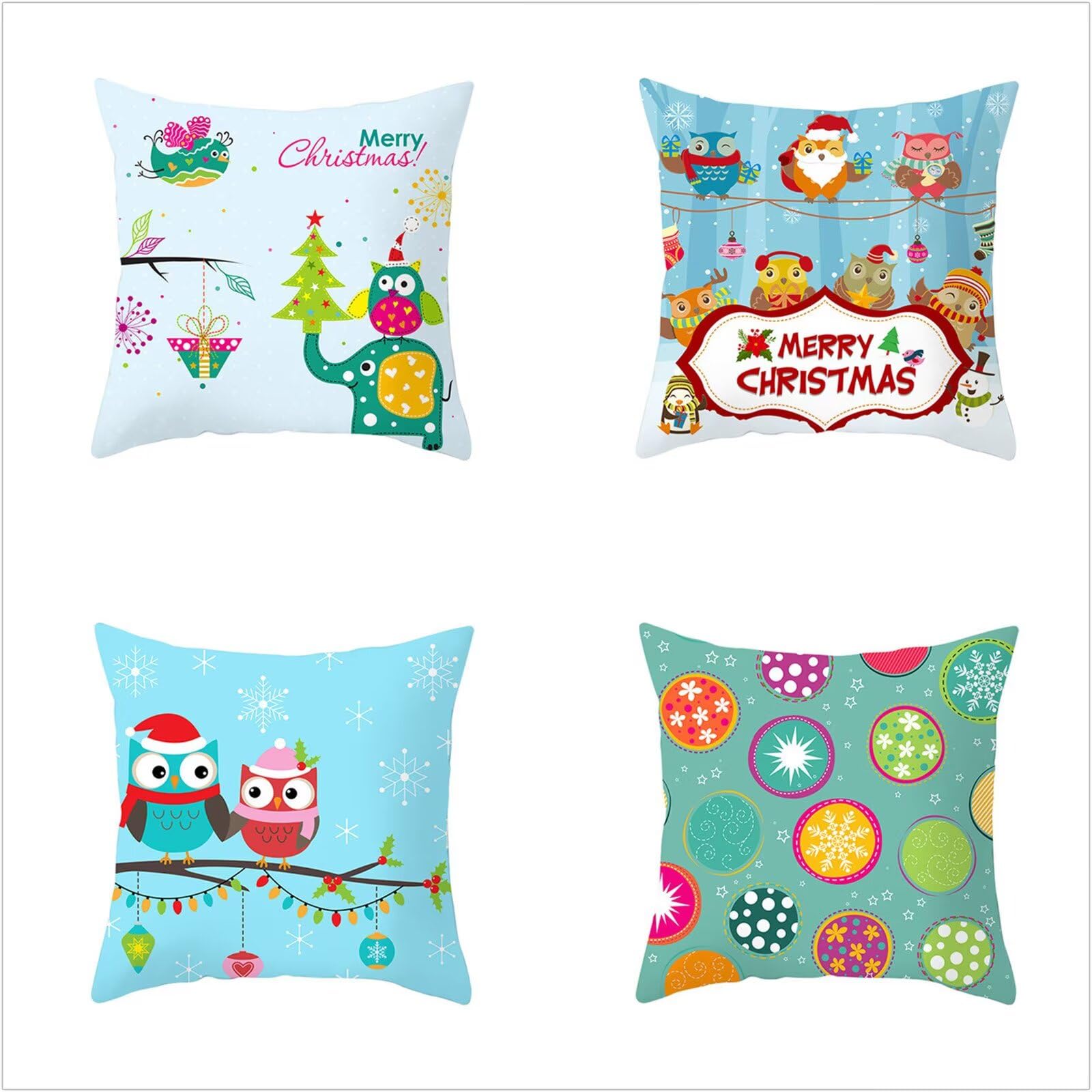 Juego de 4 Impermeable Funda de Cojín Animales de dibujos animados navideños,55x55cm Moderno Suave Lino Fundas de Almohada Cojines Decor con Cremallera Oculta para Exterior Sofá Cama Coche Hogar