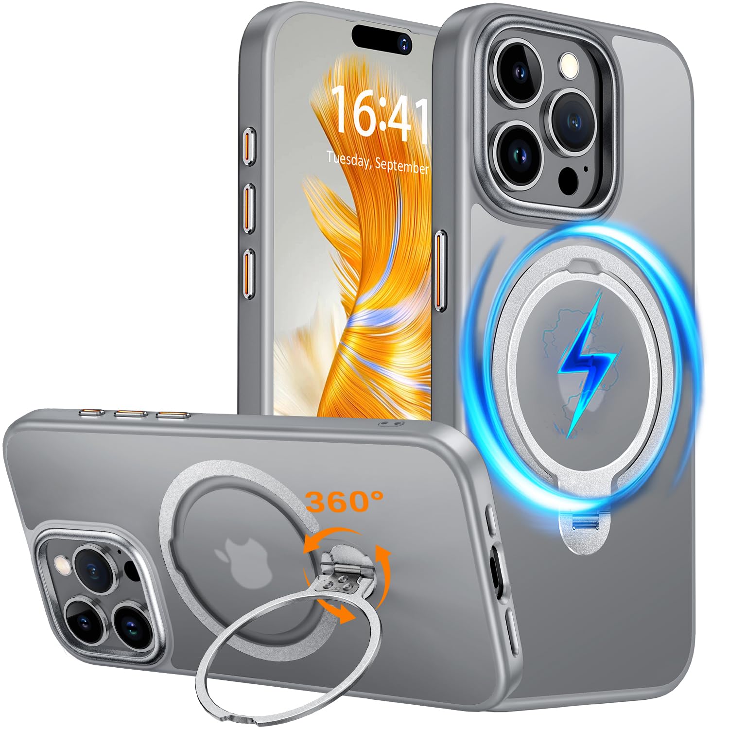 FTLSPMZT Upgraded Magnetic 360° Spin Stand for iPhone 16 Pro Max Case [Compatible with MagSafe][Military Protection] Translucent Slim Back