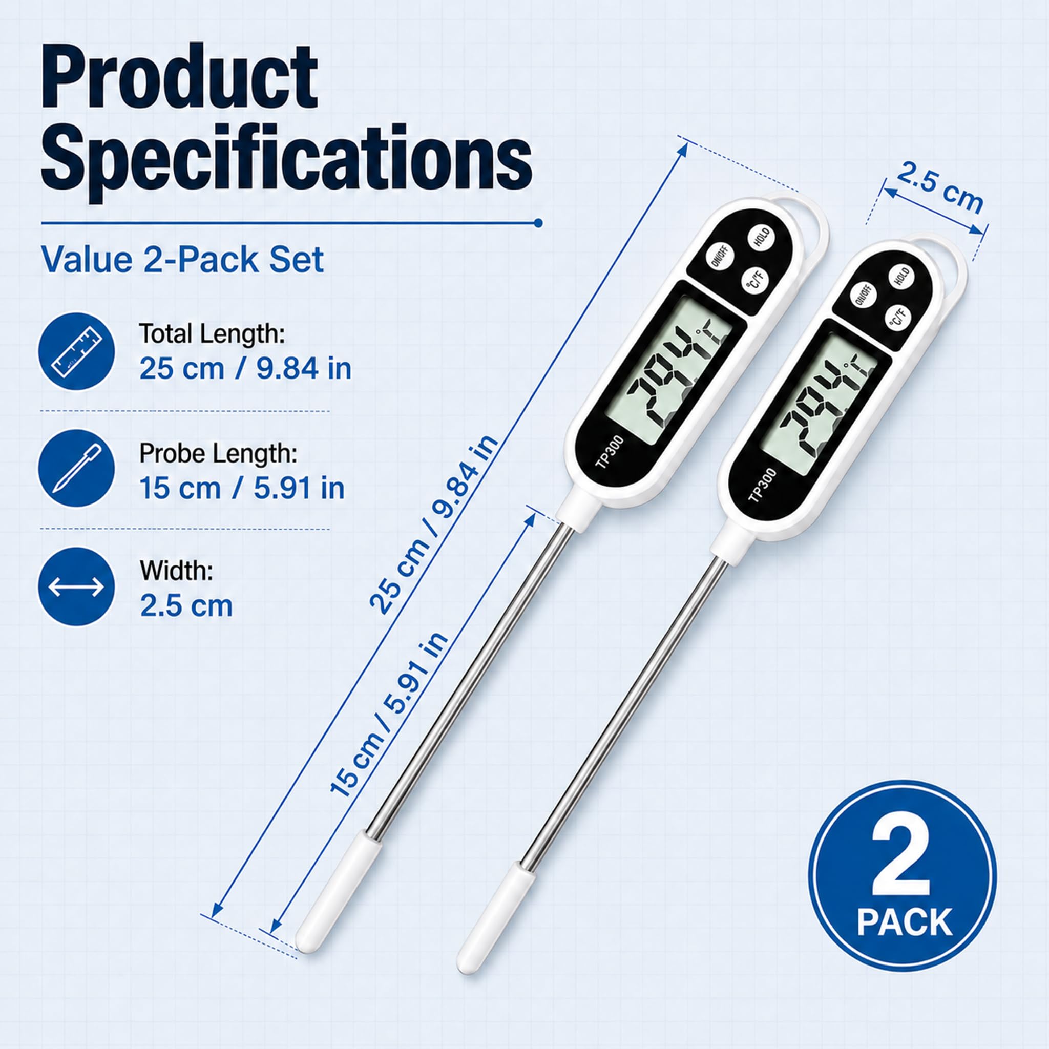 2 Stück Digitales Küchenthermometer, Thermometer für Lebensmittel, Digitale mit Edelstahl Sonde, Lebensmittelthermometer für Grillen Kochen Backen Fleischtemperatur, LCD Grillthermometer ℃℉ Anzeige