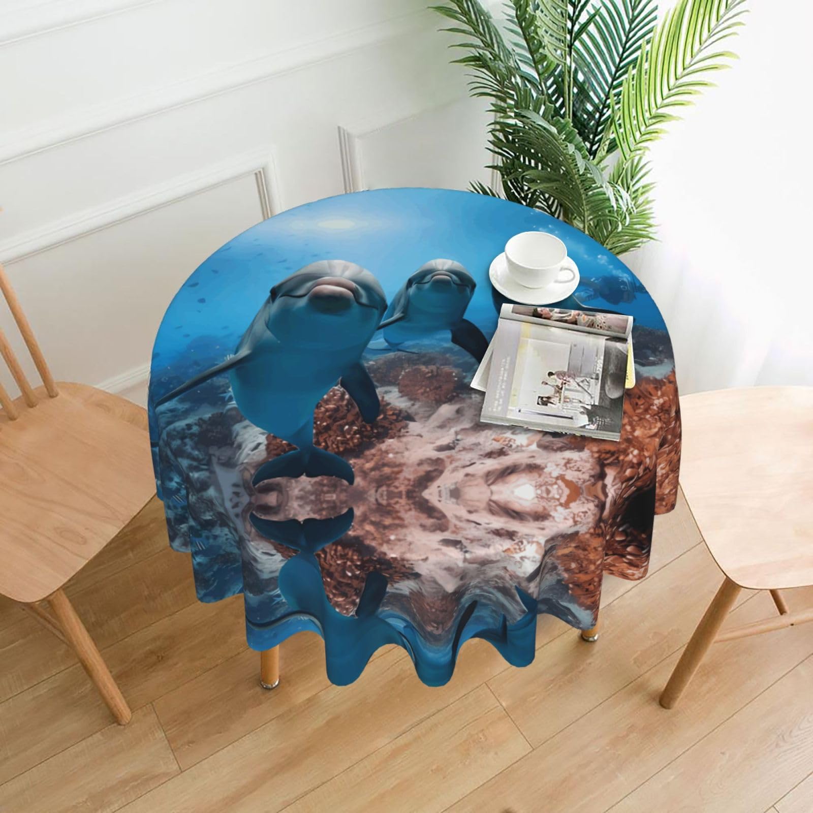 Whjssf Black Funny Dolphin Looking At You Prints Round Decorative Tablecloth 60In - High-Grade Polyester Table Throw For Dining & Outdoor Parties