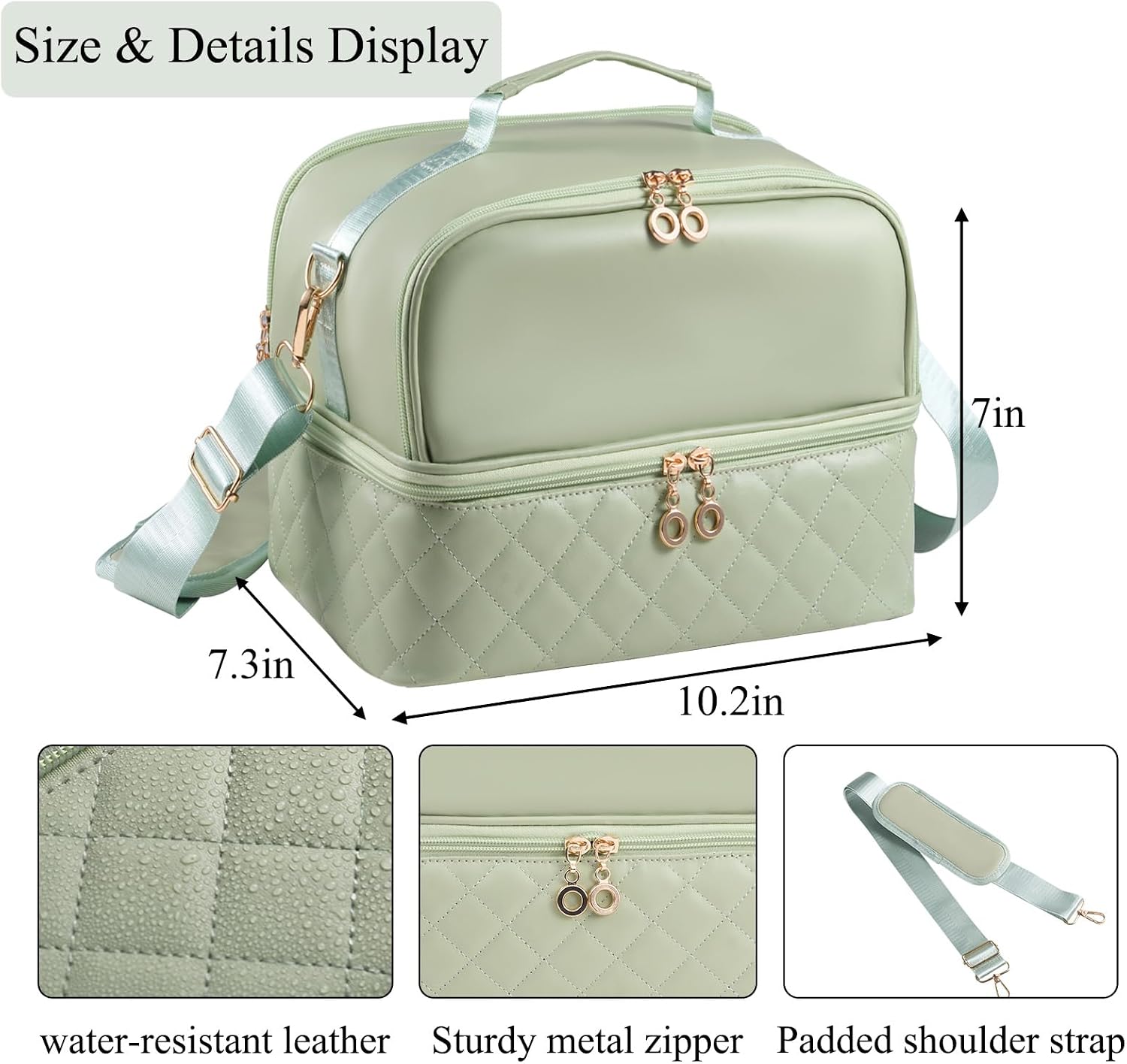 CTWWFS Nail Polish Organizer Holds 35 Bottles & Nail Lamp, Nail Organizers and Storage, Double Layer Nail Bag with Handle & Shoulder Strap for Travel, Nail Supplies Organizer for Manicure Kit (Green)