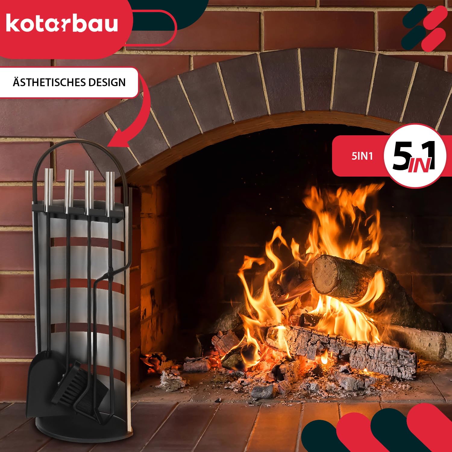 KOTARBAU® Juego de Herramientas para Chimenea de Acero Inoxidable, Set de 5 Piezas: Escoba, Pala, Pinzas y atizador de Ceniza con Soporte de pie, Herramientas para Chimenea, Estufa, Plateado Negro