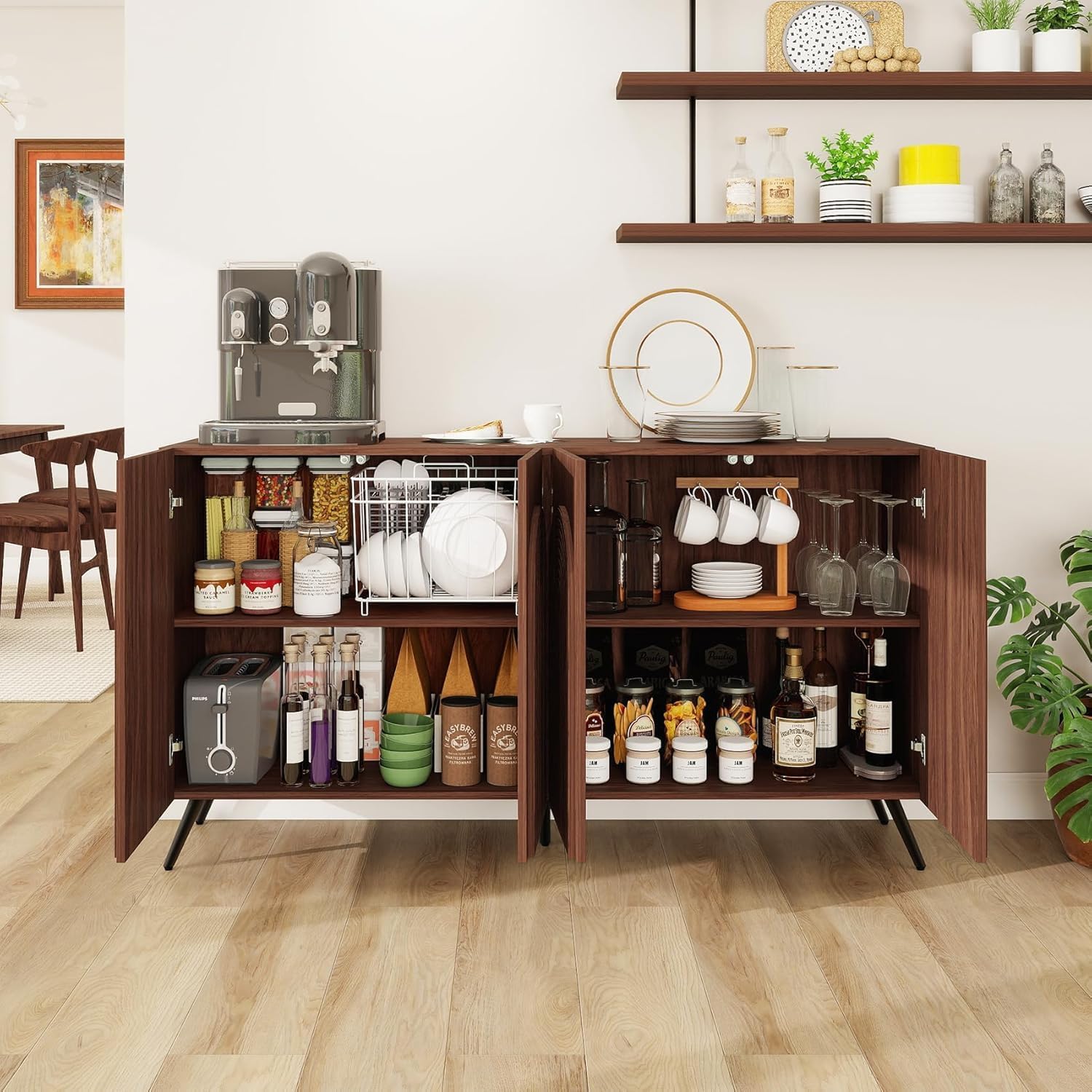 59" Accent Storage Cabinet, Modern Decorative Cabinet with 3D Arched Carved Doors, Sideboard Buffet Cabinets with Adjustable Shelves, Credenza for Living Room, Entryway, Dining Room, Walnut