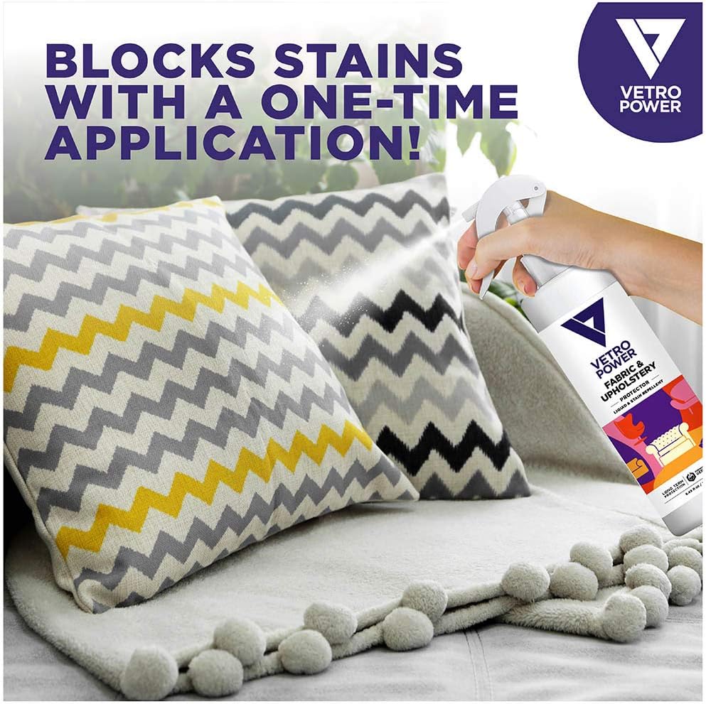 Vetro Power Fabric & Upholstery Protector Spray 8.45 fl oz (250ml) Invisible Liquid Water Stain Spills Protection for Furniture Sofas Couches Chairs Pillows