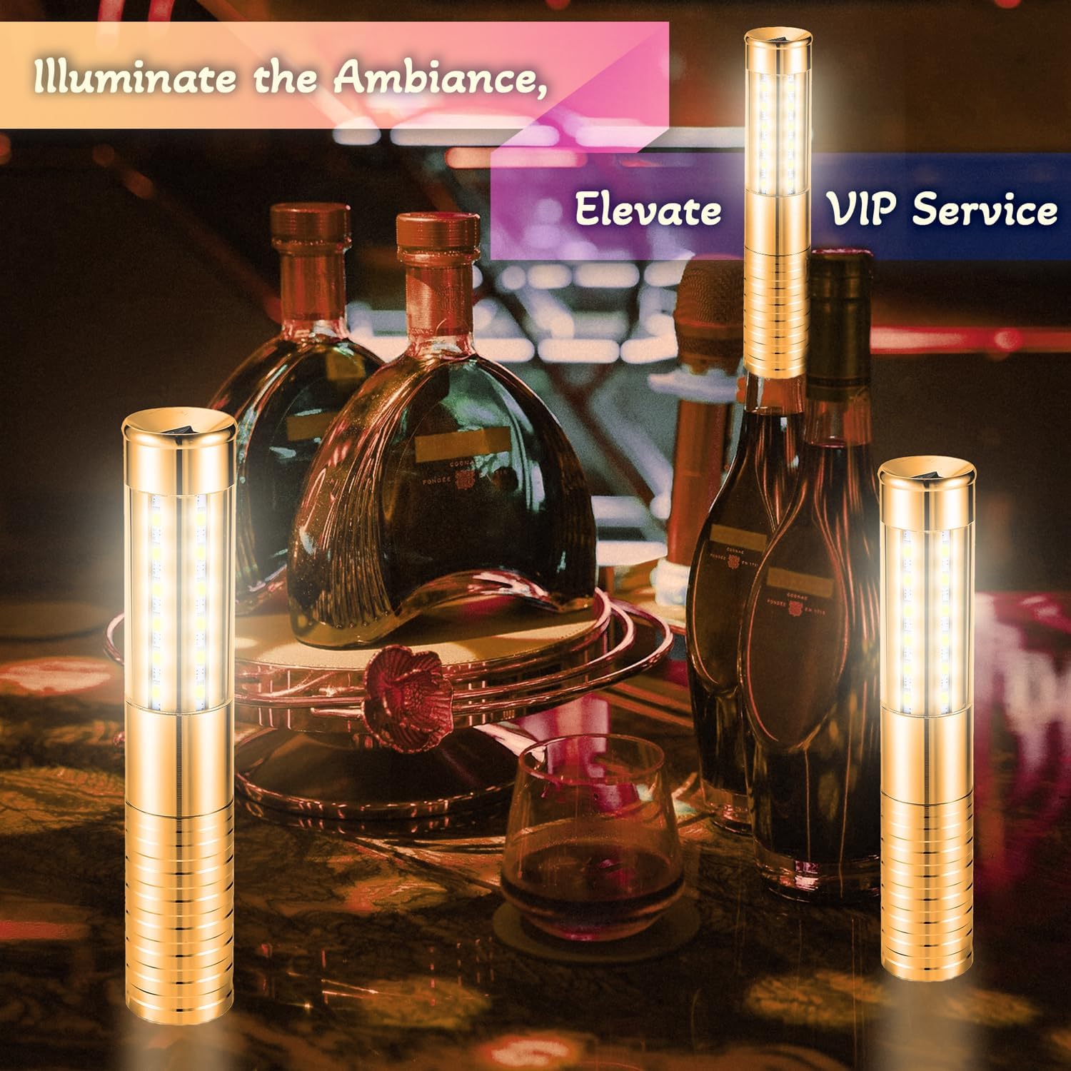 Bottle Strobe Baton Service Lights, LoveNite LED Rechargeable Liquor Bottles Sparkers for Wedding Party Concert Events, Champagne Handheld Light Topper for Bar Nightclub (Golden, 4 Pack)