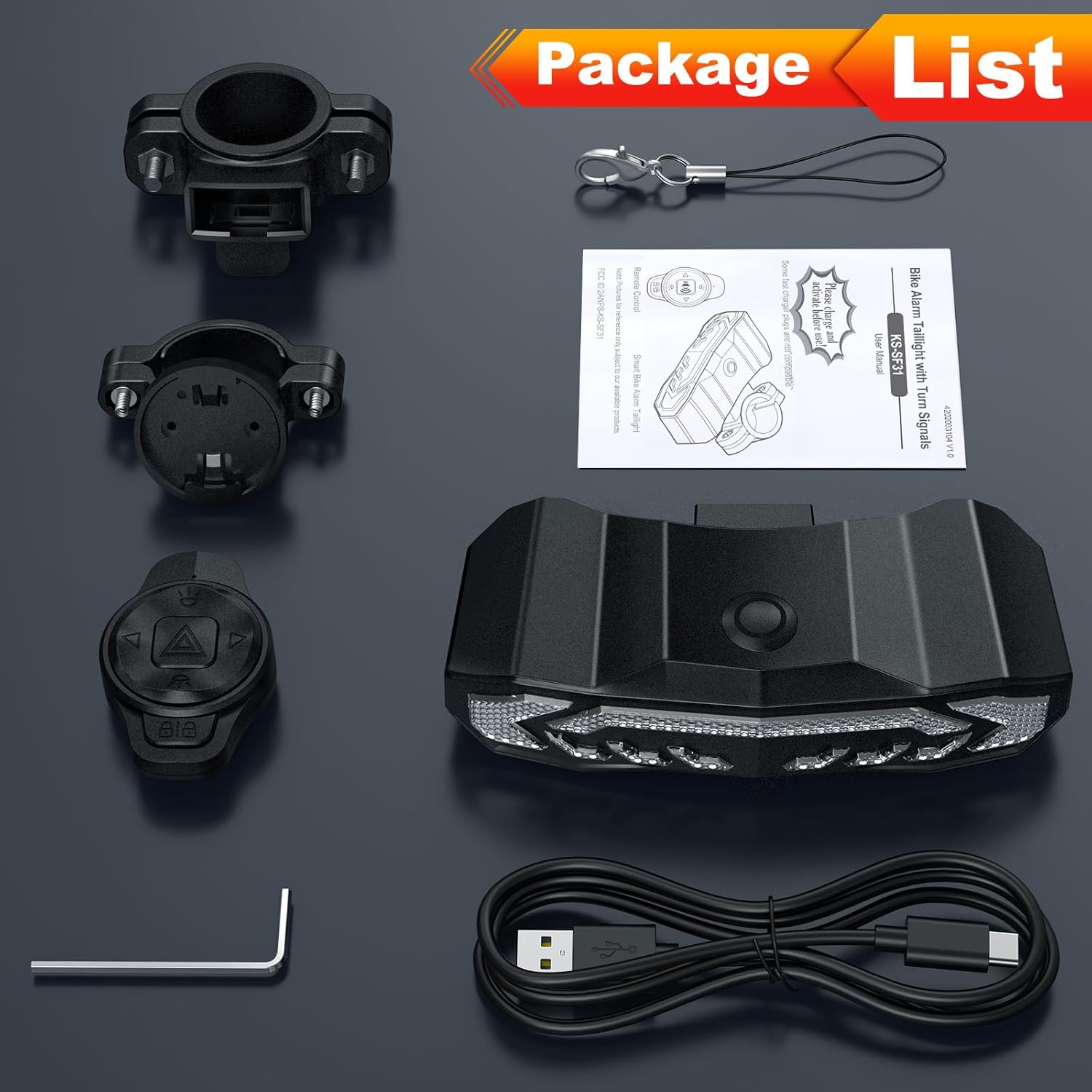 Smart Bike Tail Light with Turn Signals and Brake Light, Rechargeable Bike Alarm Anti Theft with Remote, Bicycle Horn & Bike Turn Signals for Bicycle/Scooter/Ebike Auto On/Off, IP65 Waterproof