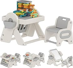 AIYAPLAY 3 in 1 Children's Table and Chair Set with Building Table, Chalkboard, Convertible Easel and Containers, Multi-Activity Table with Plastic Chair for Children 2-4 Years for Children's Bedroom