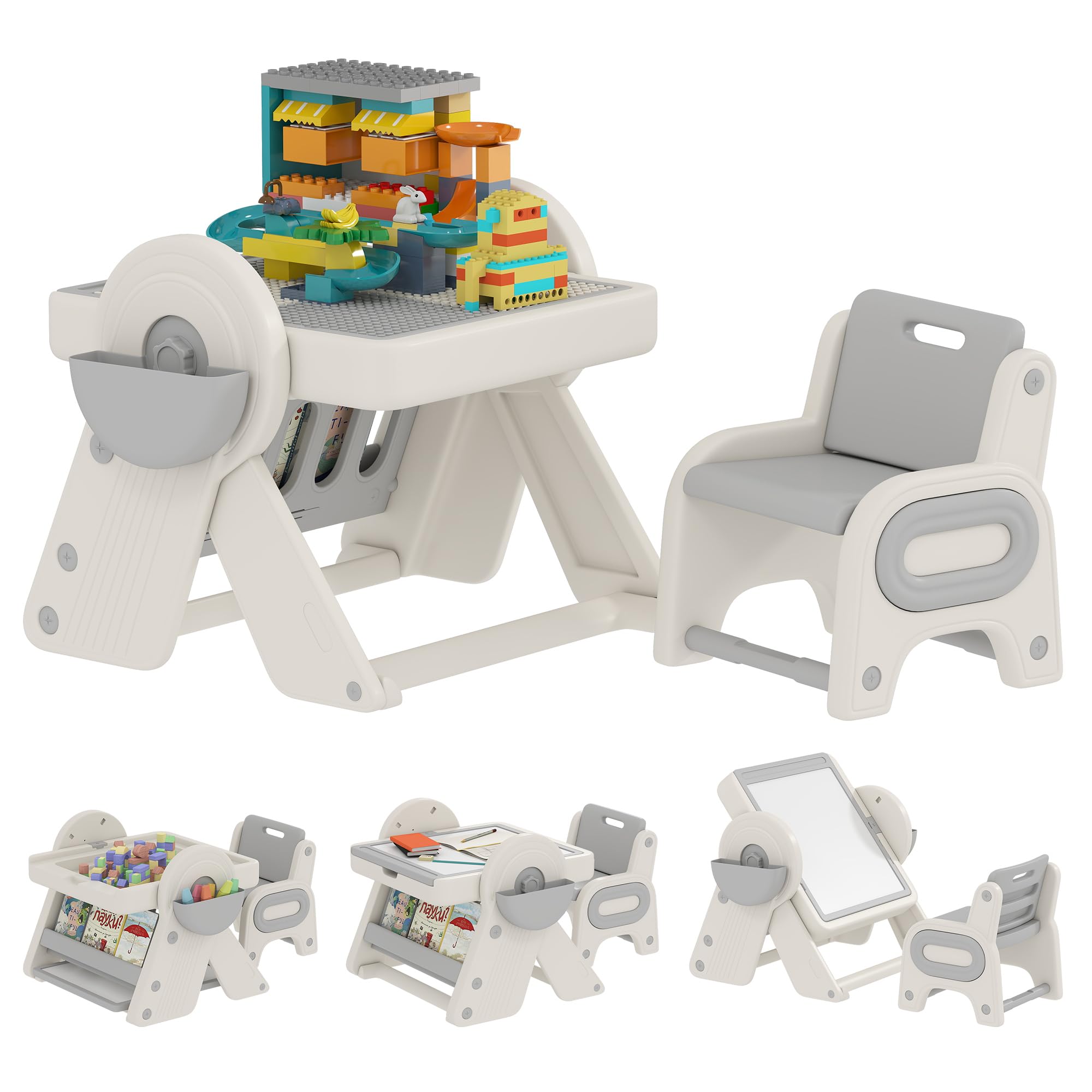 AIYAPLAY Set Tavolo e Sedia Bambini 3 in 1 con Tavolo da Costruzione | Lavagna, Cavalletto Convertibile, Contenitori, Tavolino Multiattività con Sedia in Plastica, 2-4 Anni, Cameretta