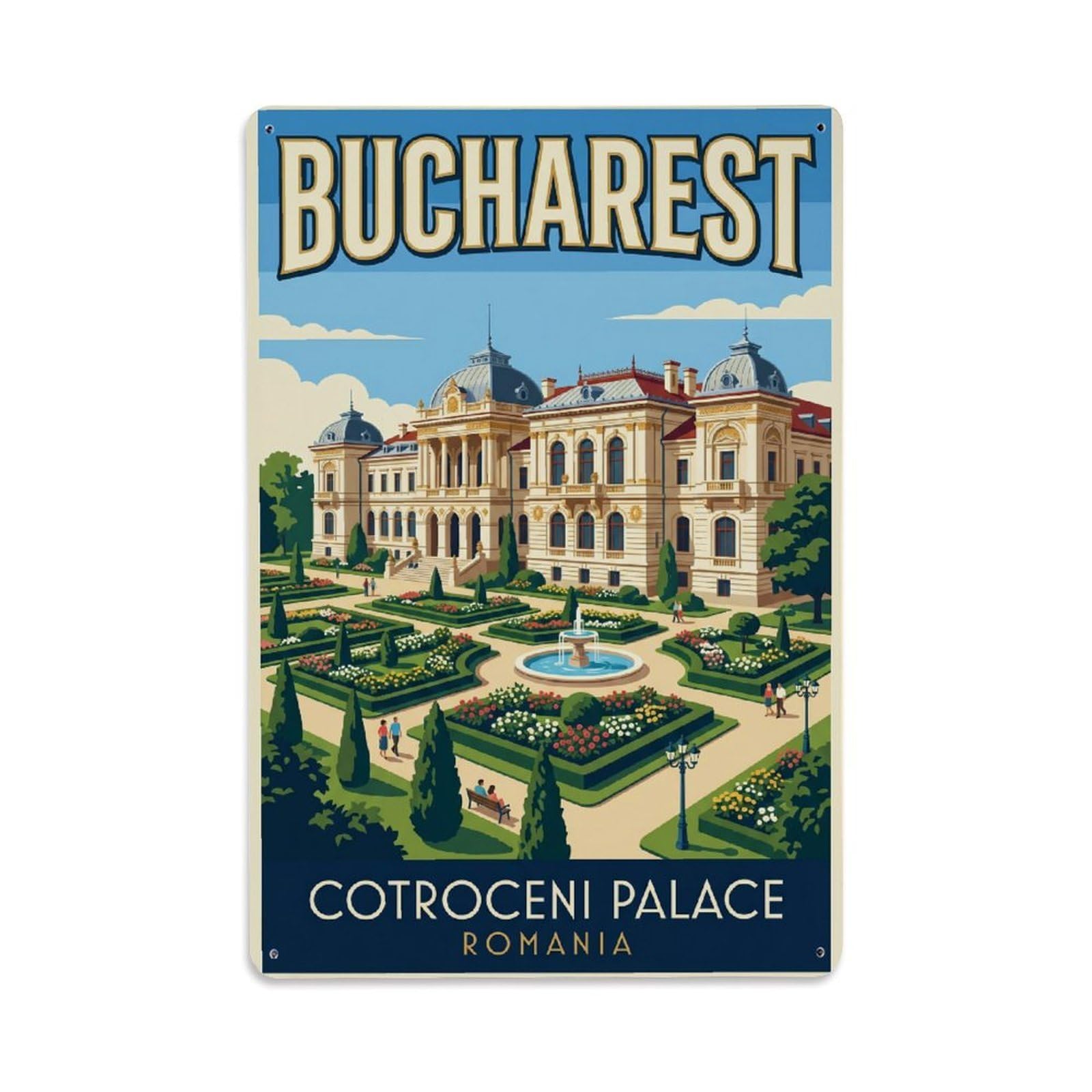 Vintage Travel Bucharest Cotroceni Palace Clean Romania Metal Tin Sign Plaque Wall Decor for Cafe, Club Bar, Office, Home Garden Metal Poster 8x12Inch