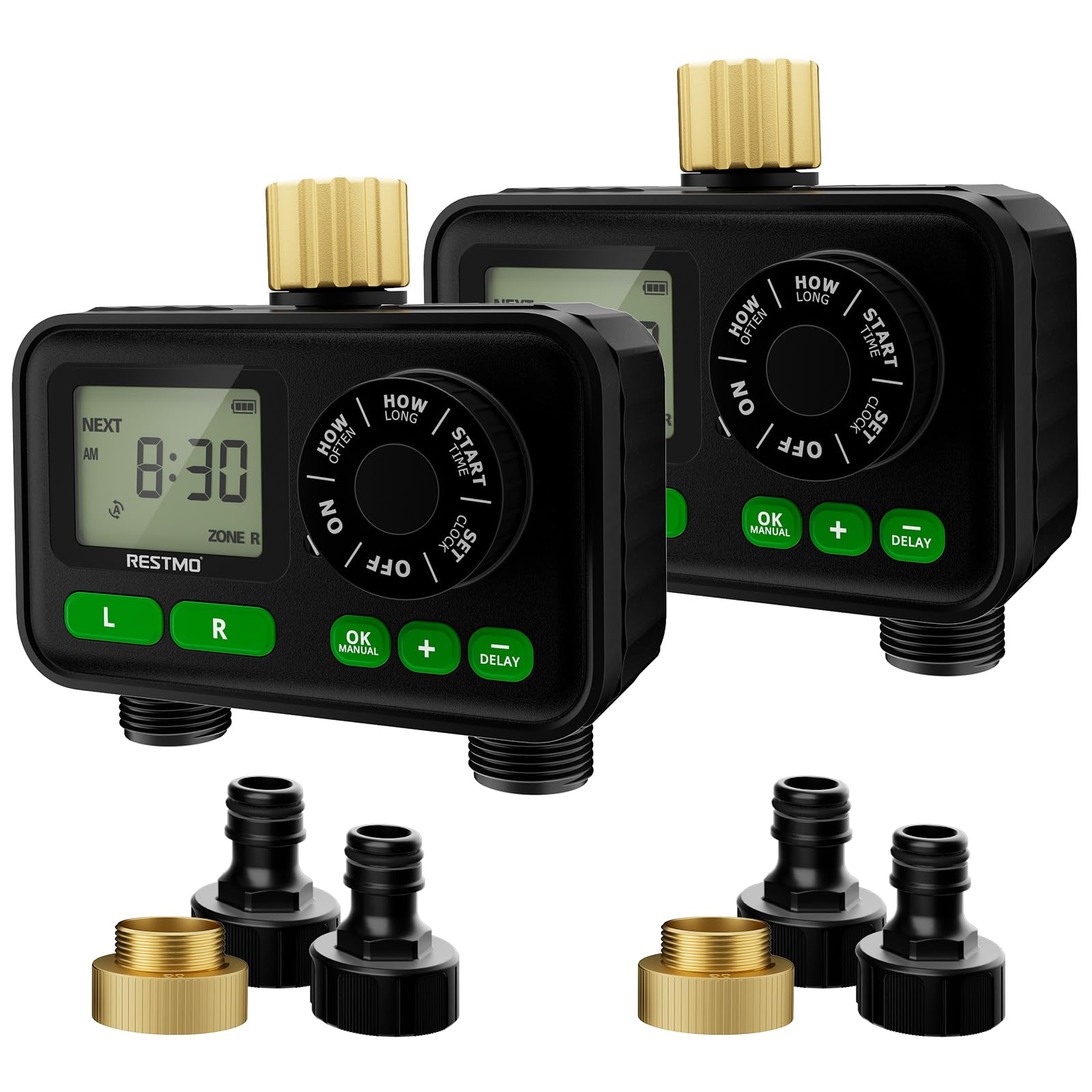 [2 PACK] RESTMO 2 Zone Automatic Garden Watering Timer with Rain Delay/Manual/Automatic Watering System for Outdoor Faucet, Garden Sprinkler, Yard and Lawn