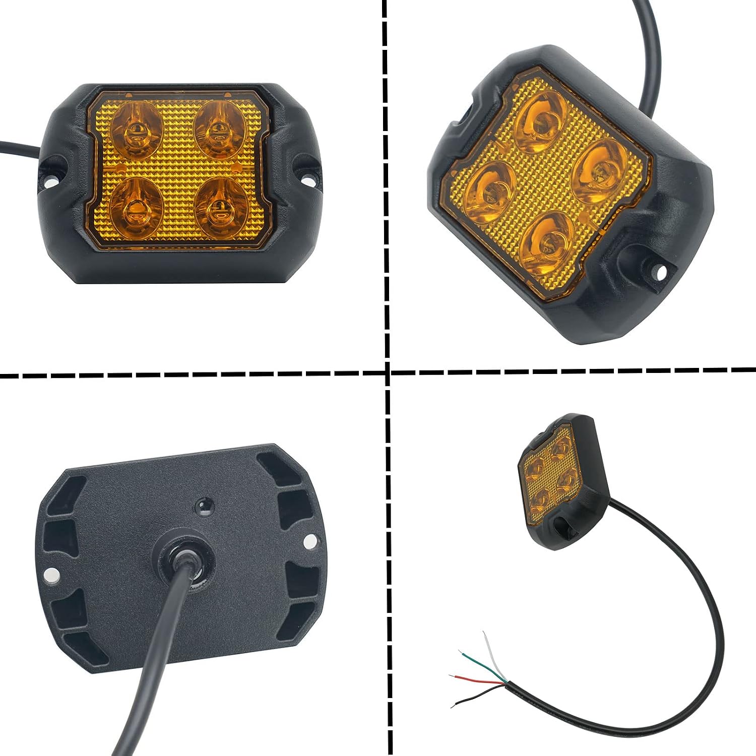 LED Strobe Light Amber Emergency Kit Grille Quad Sync Flashing Surface Mount Hazard Warning Caution Light for Vehicles Off Road SUV Trucks Trailer Boat