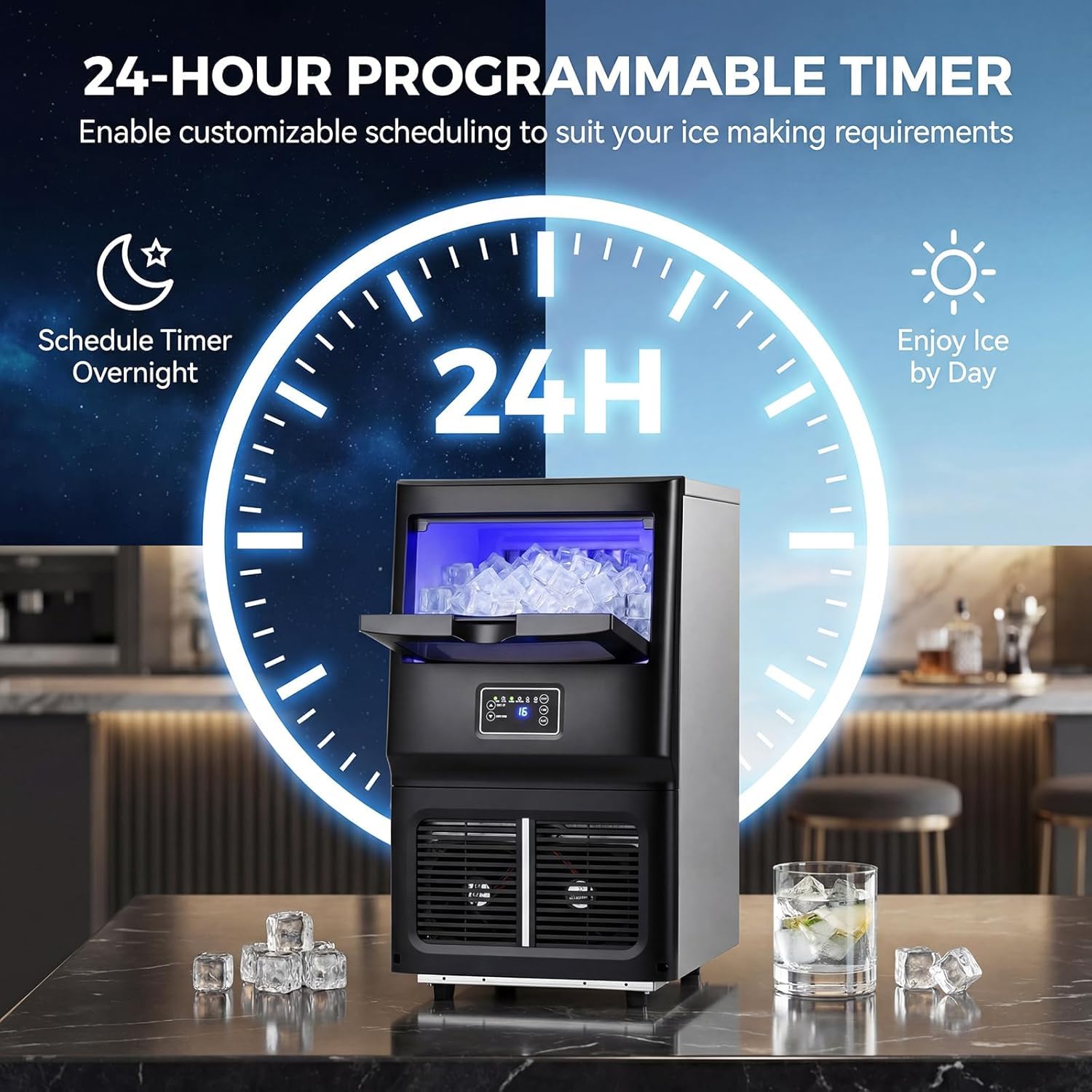 LIFEZEAL Macchina per Ghiaccio Commerciale 120W, 25 kg/24h, Macchina del Ghiaccio da Banco in Acciaio Inox con Paletta, Filtro PP per Acqua, Timer, Funzione Autopulente, per Ristorante, Ufficio, Bar