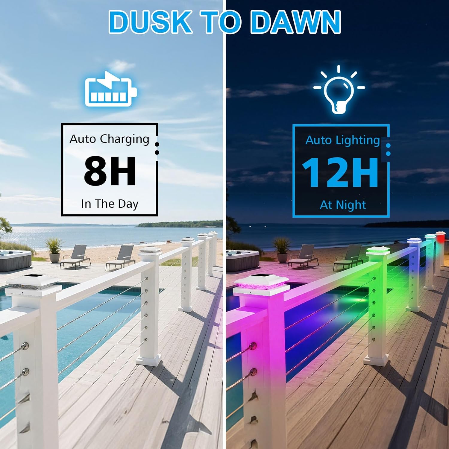 Solar Post Cap Lights Outdoor with RGB Color Changing - 6 Pack White Fence Post Solar Powered Lights IP65 Waterproof Fits for 5x5 5.5x5.5 Vinyl Posts, Decorating Yard Deck Fence Patio