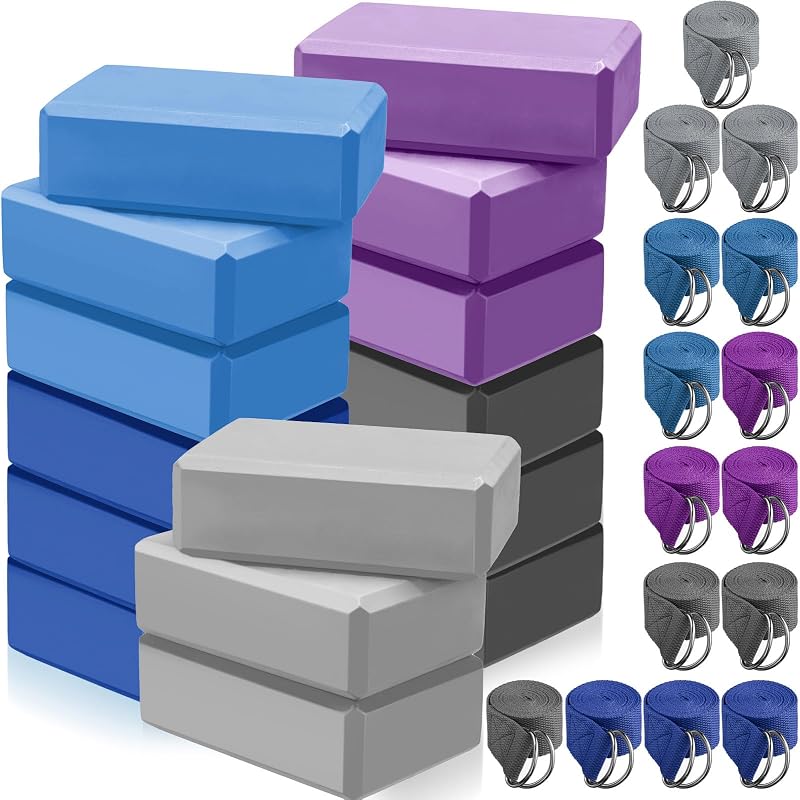 15 Pack Yoga Blocks and Straps Set for Stretching | 15 Yoga Blocks with 15 Metal D-ring Straps for Studio, School, Gym and Group Stretching; EVA Foam Blocks, 9 x 6 x 3 in