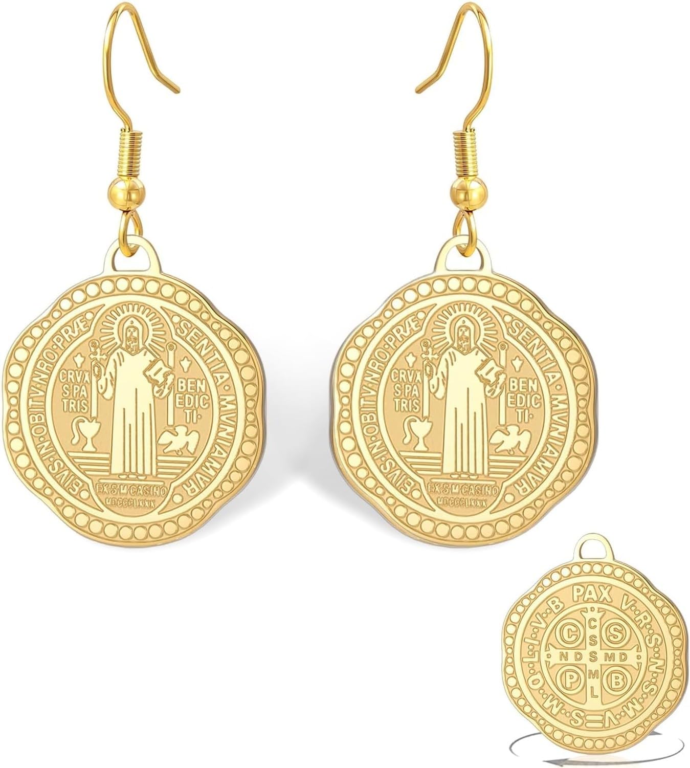 Wuufake Saint Benedict Medal Drop Earrings for Women Catholic Christian Cross Pendant Dangle Earrings Protection Amulet Exorcism Bible Verse Religion Jewelry Gift, Gold