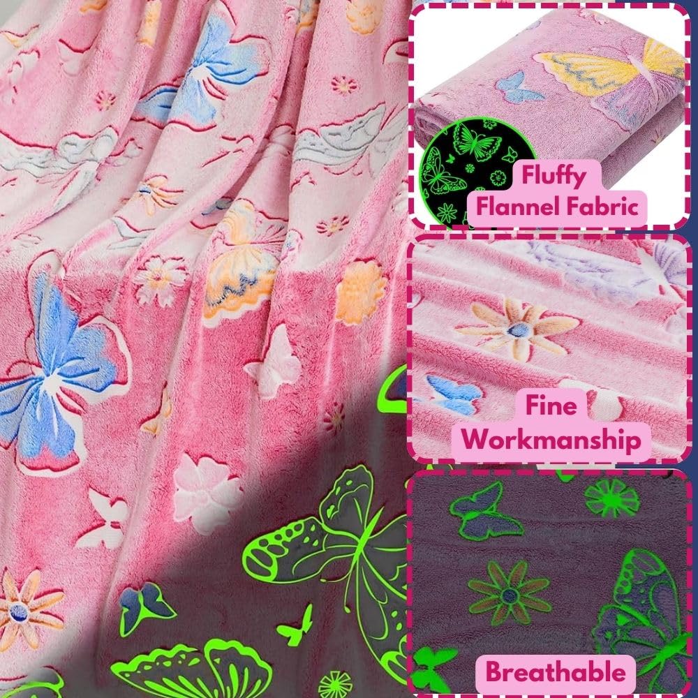 Happy Hues Butterfly Glow in The Dark Blanket-200 x 150 cm- Super Soft Fluffy Flannel Fleece All Season Blanket for Babies-Toddlers-Kids & Teens Boys & Girls- Best Gifting Ideas for 0-15 Years-Pink 3