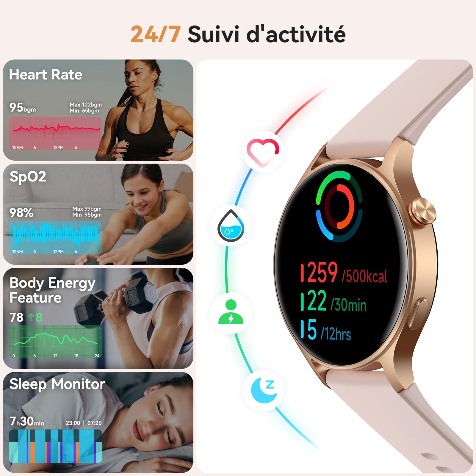 Montre Connectée Femme avec Appel,1.32" AMOLED Smartwatch Femme Always-on Display Fonction,120+ Modes Sport/Fréquence Cardiaque/Sommeil/SpO2,Montre de Fitness Podomètre Calories Android iOS
