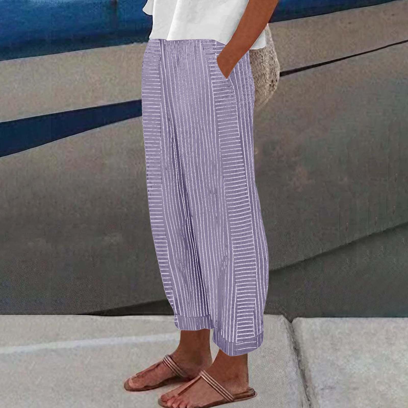Crop Pants for Women Casual Striped Linen Pants Cropped Elastic Waist Straight Leg Capri Gauze Lightweight Summer Capris with Pockets Pin Stripe Beach Pants Beachy Cruise Outfits 2025