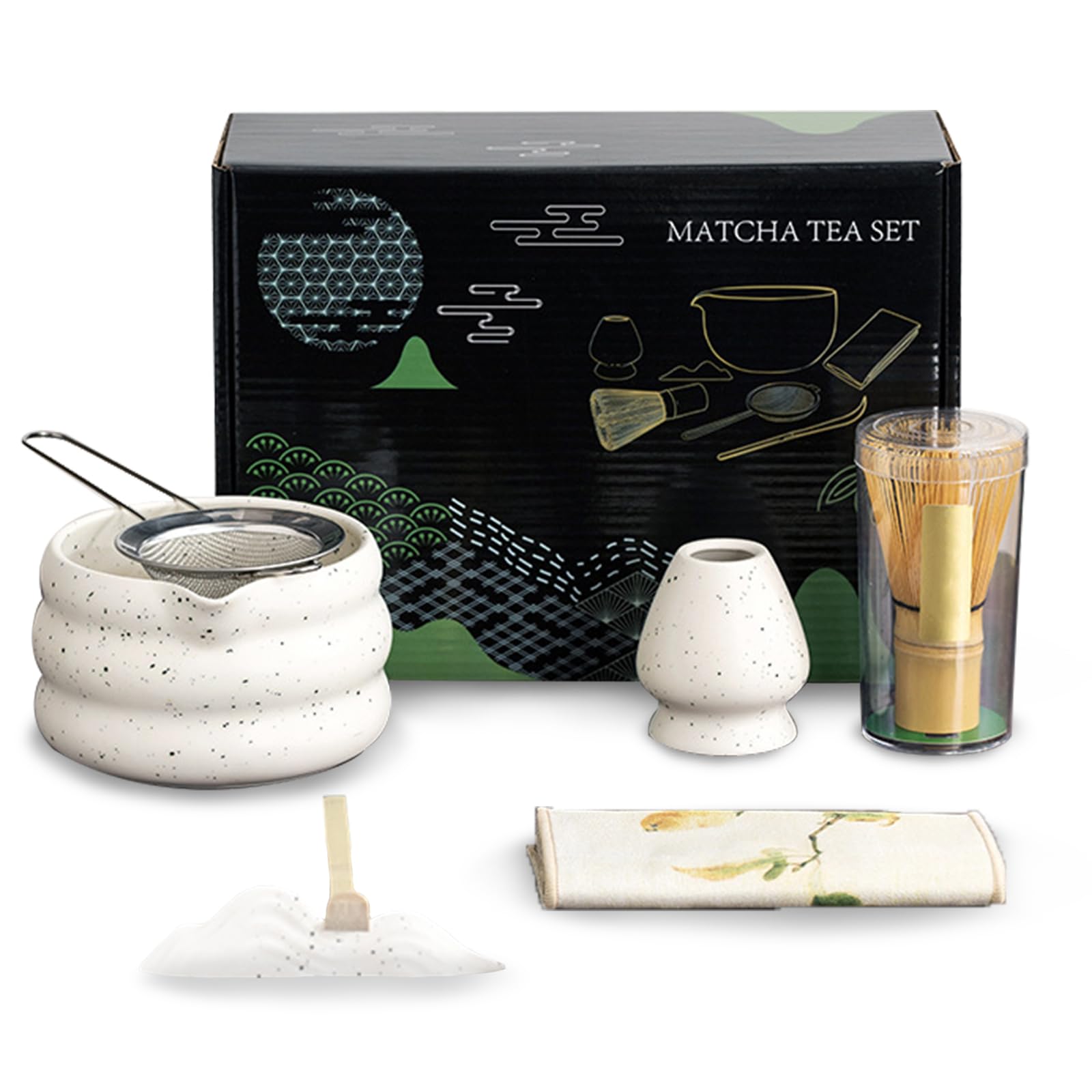 OKYUK Matcha Set, 7 Teiliges Premium Matcha Tee Set, Matcha Kit mit Matcha schale, Matcha Besen, Matcha Sieb, Beste Geschenk für Matcha-Liebhabern (Weiß)