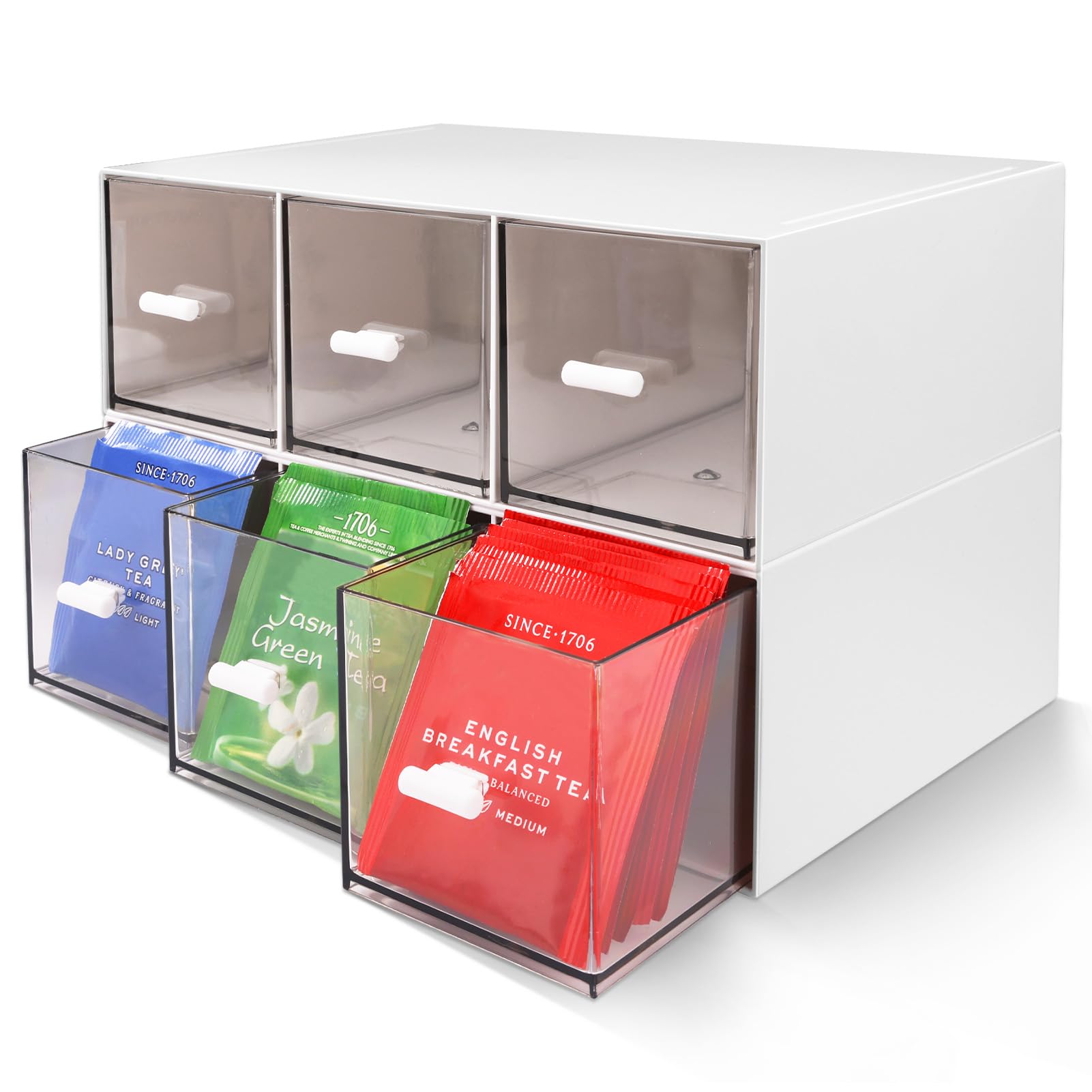 FoiiLiio organizador de té, caja de té apilable, organizador de bolsitas de té para guardar bolsitas de té, café, etc, caja de plástico para guardar té (blanco-3drs)
