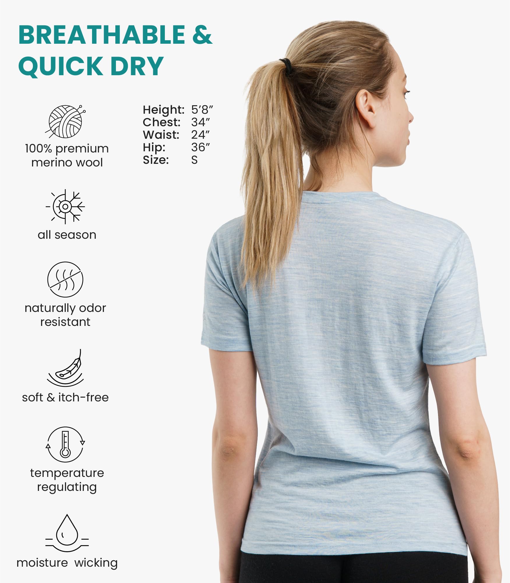 Merino.tech Maglietta Donna - T Shirt Lana Merino Manica Corta, 100% Intimo Lana Merinos Donna