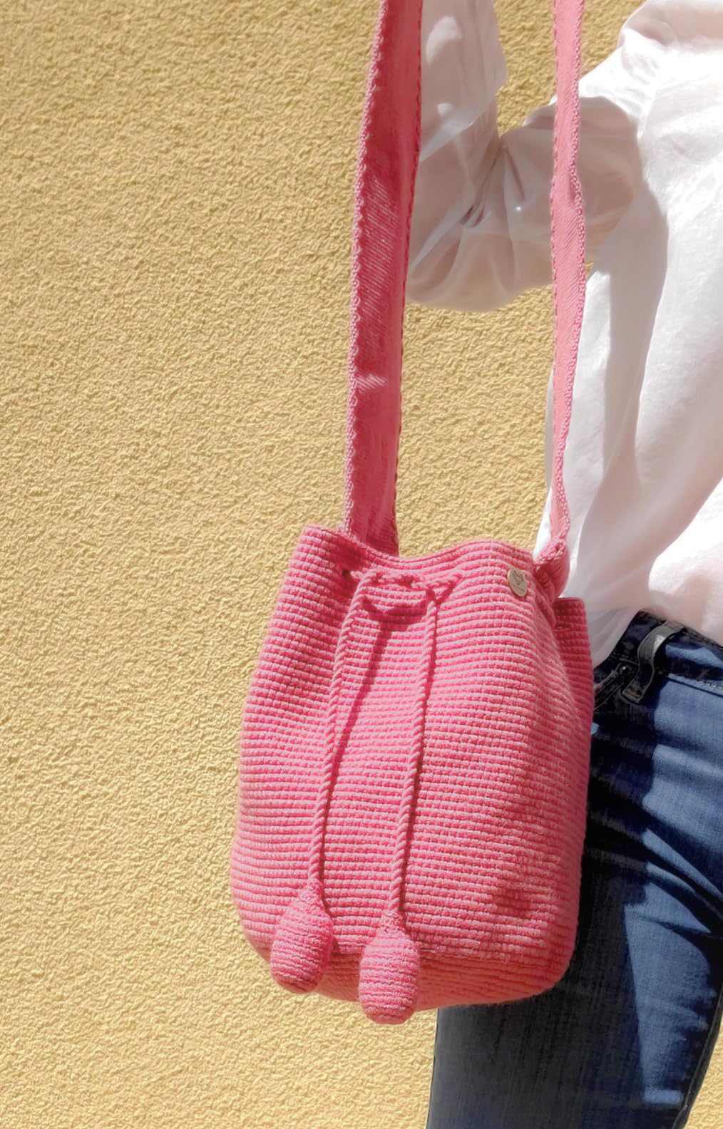 TERRA FUSION Bolso Wayuu hecho a mano | Bolsa Cubo Medio | Bolsa Ética | Rosa, rosa, Medium
